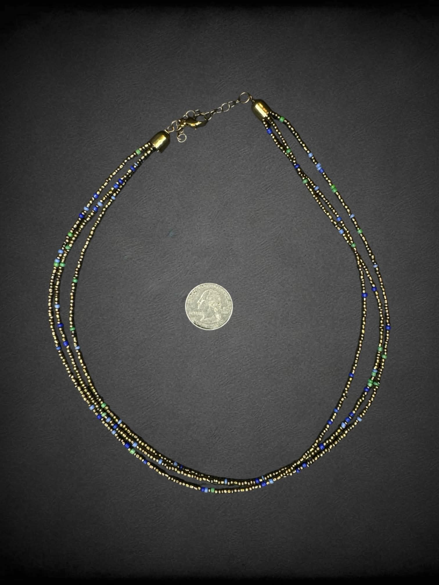 3 layered gold & blue beaded necklace