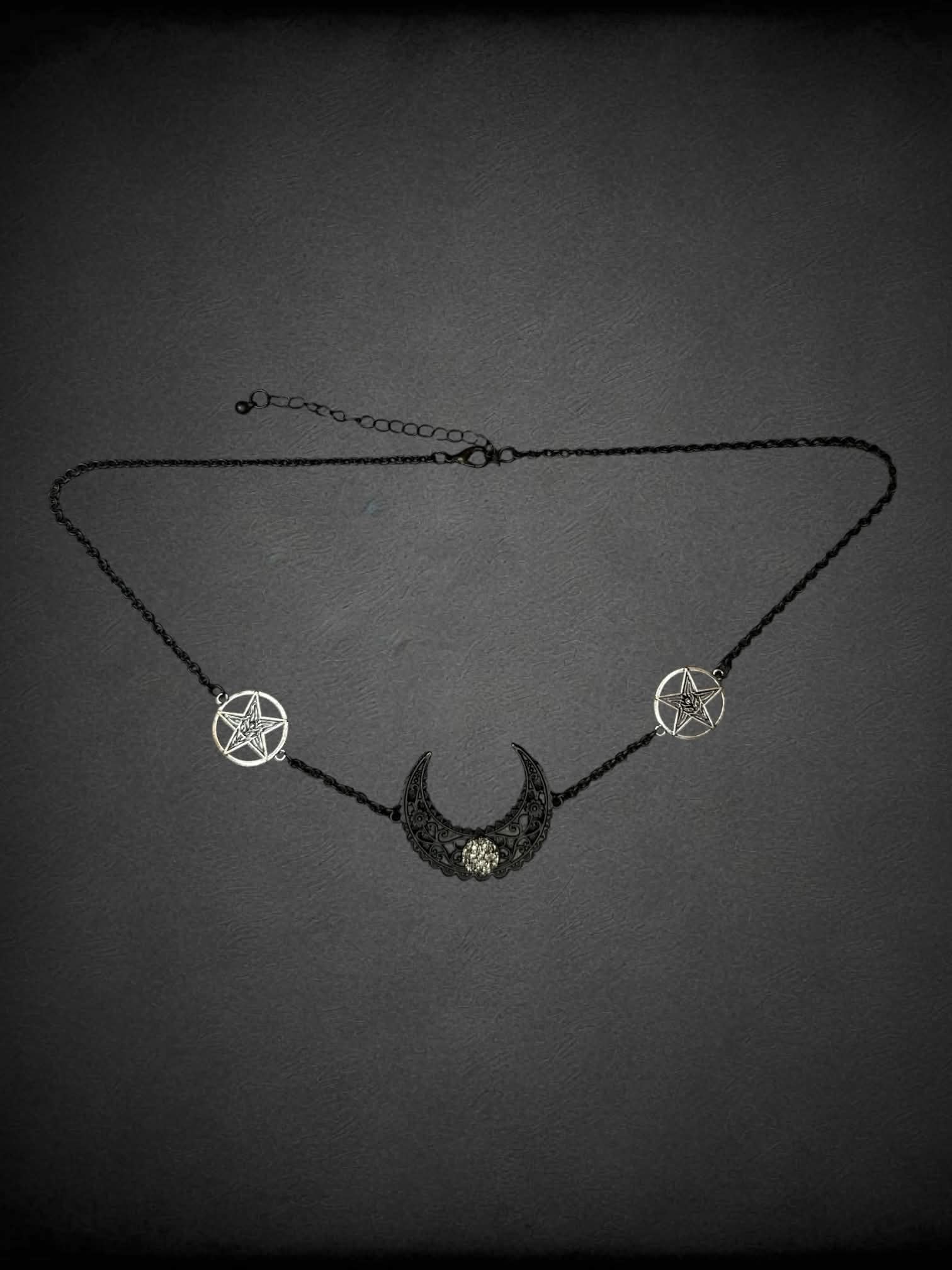 Black chain necklace with moon & pentagram charms