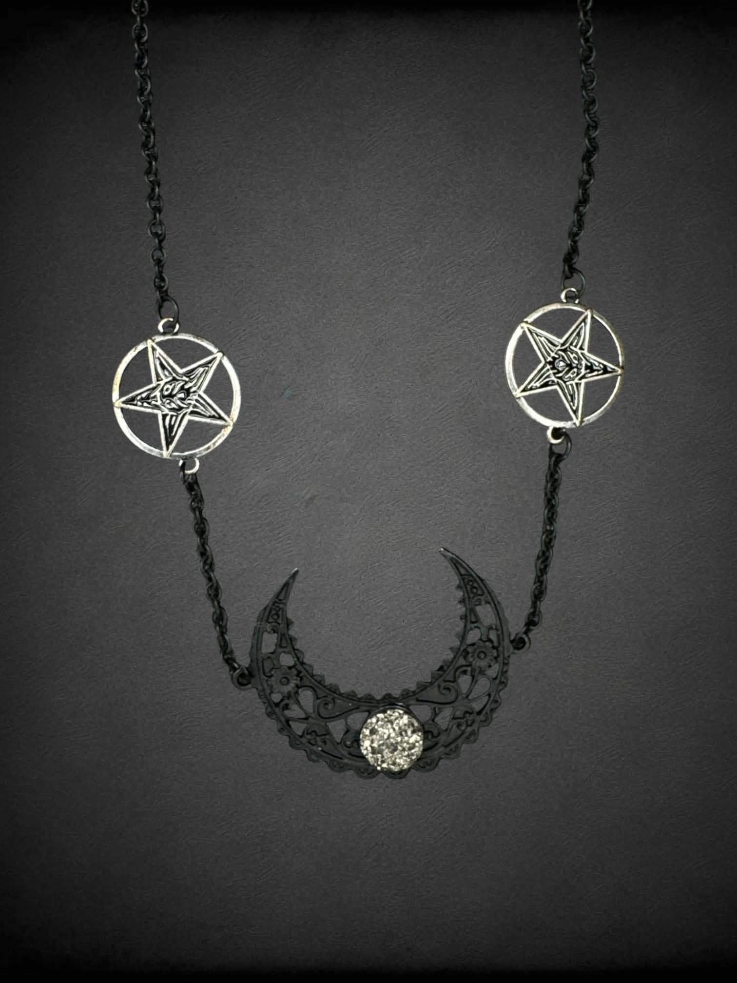Black chain necklace with moon & pentagram charms