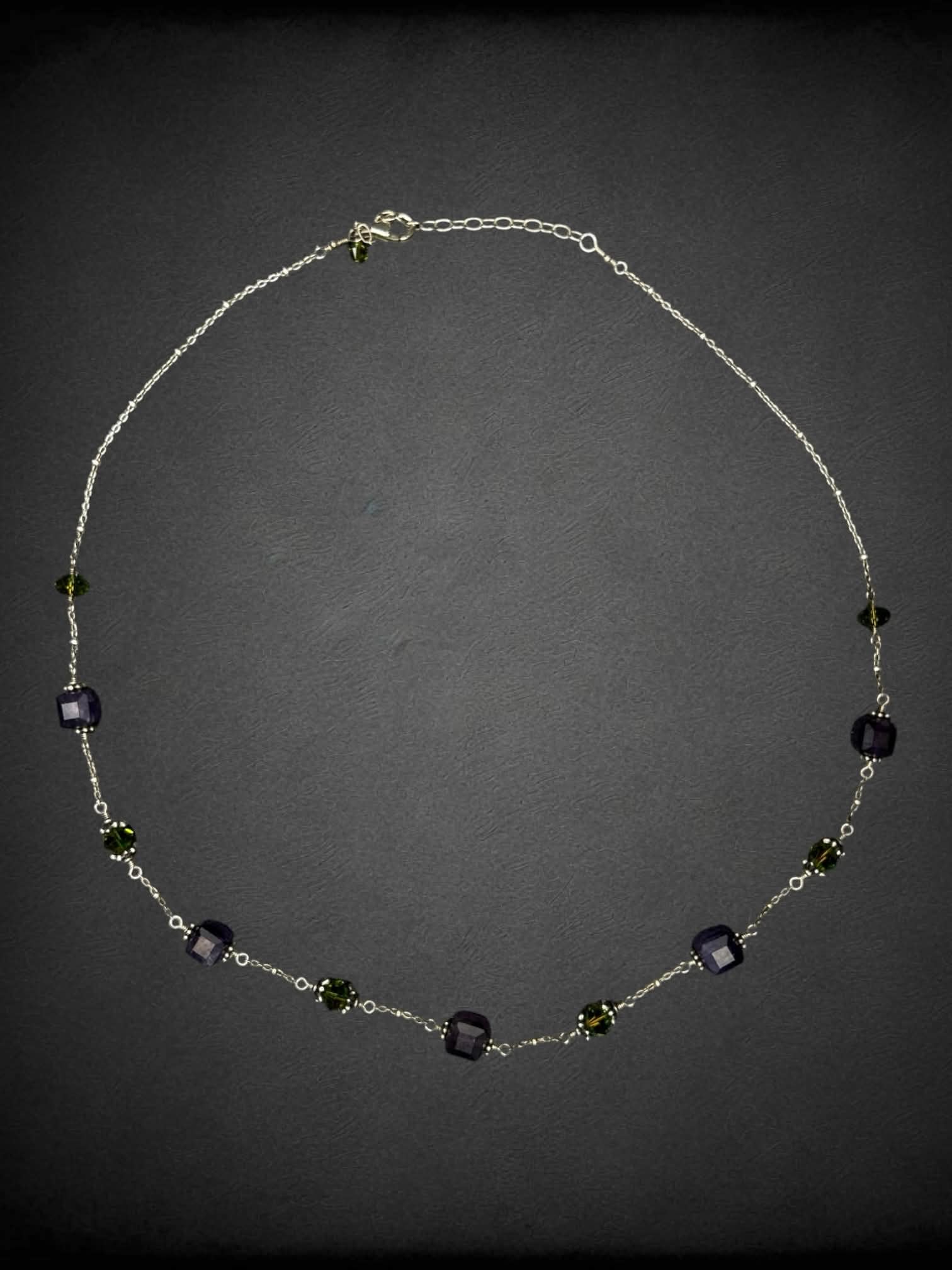 Silver chain necklace with green & purple gem beads