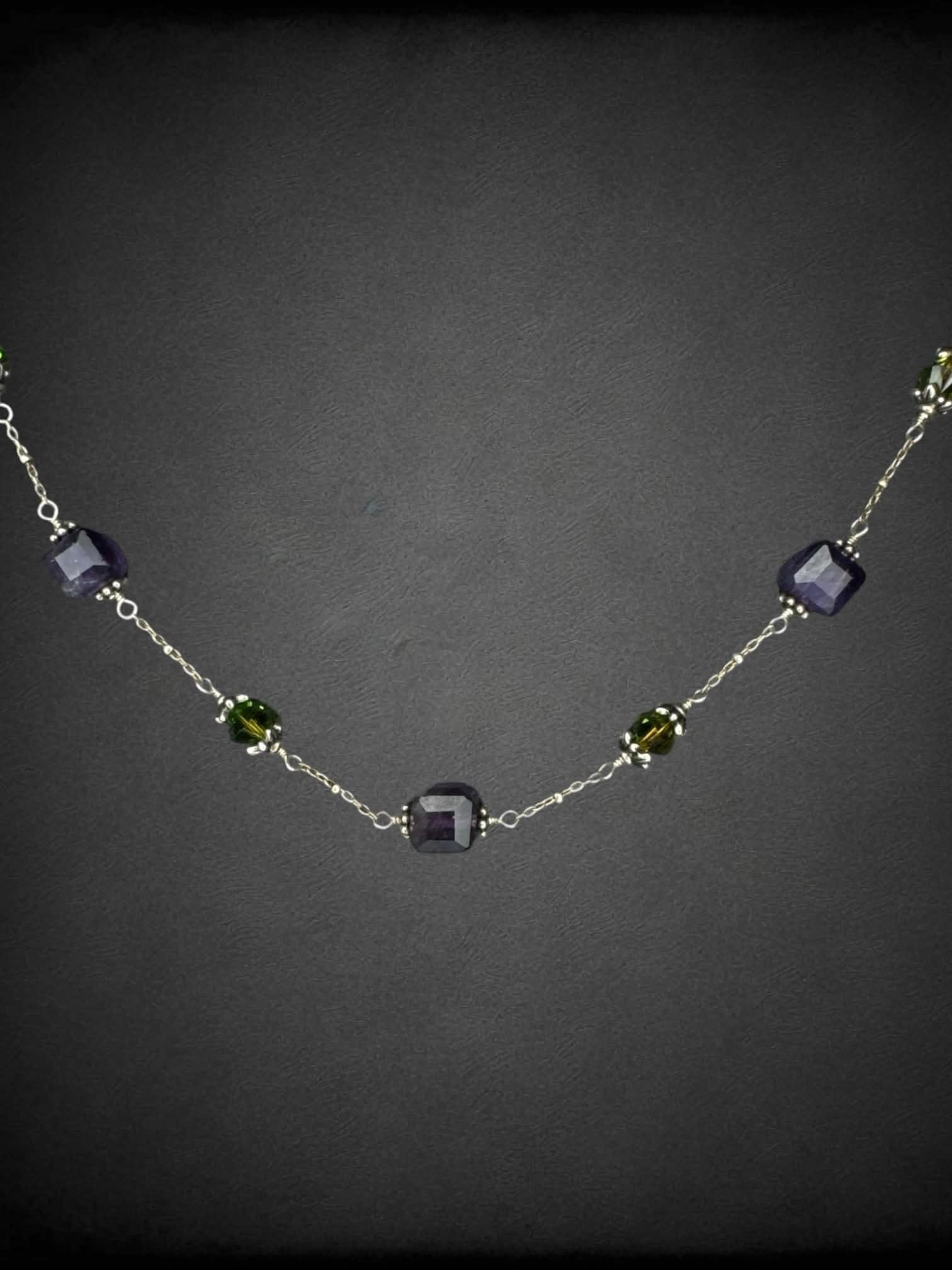 Silver chain necklace with green & purple gem beads
