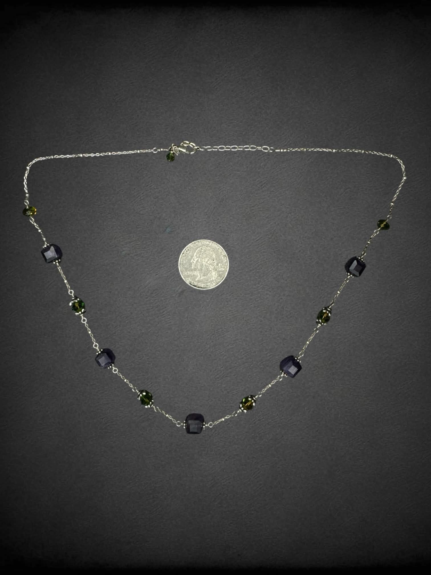 Silver chain necklace with green & purple gem beads
