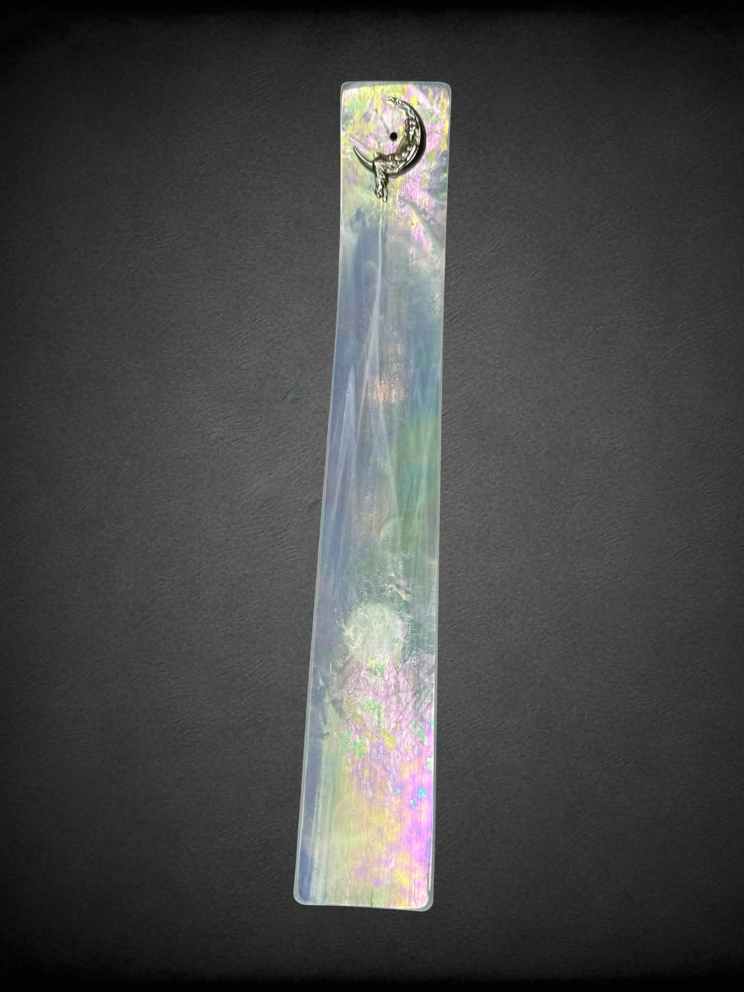 Iridescent opalite incense tray with silver moon charm