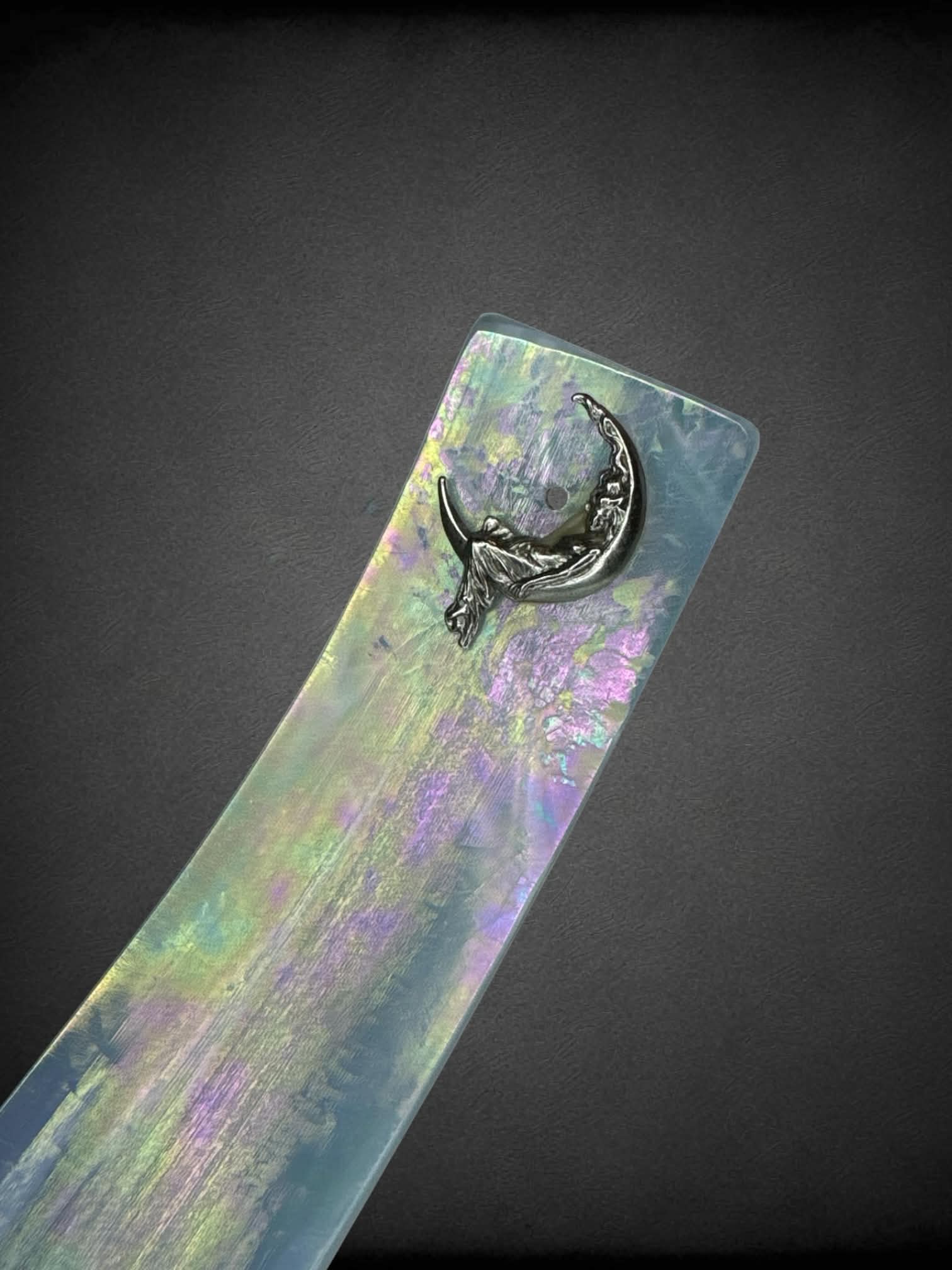 Iridescent opalite incense tray with silver moon charm