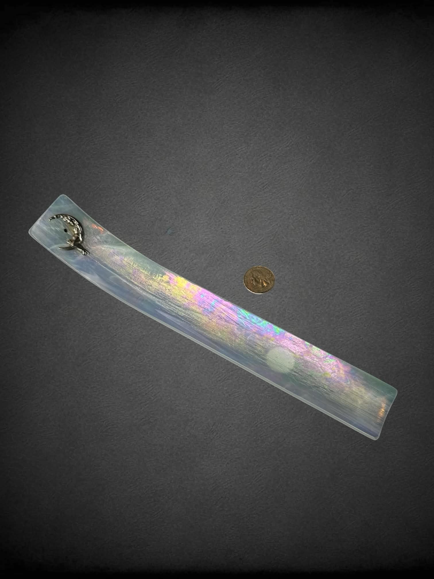 Iridescent opalite incense tray with silver moon charm