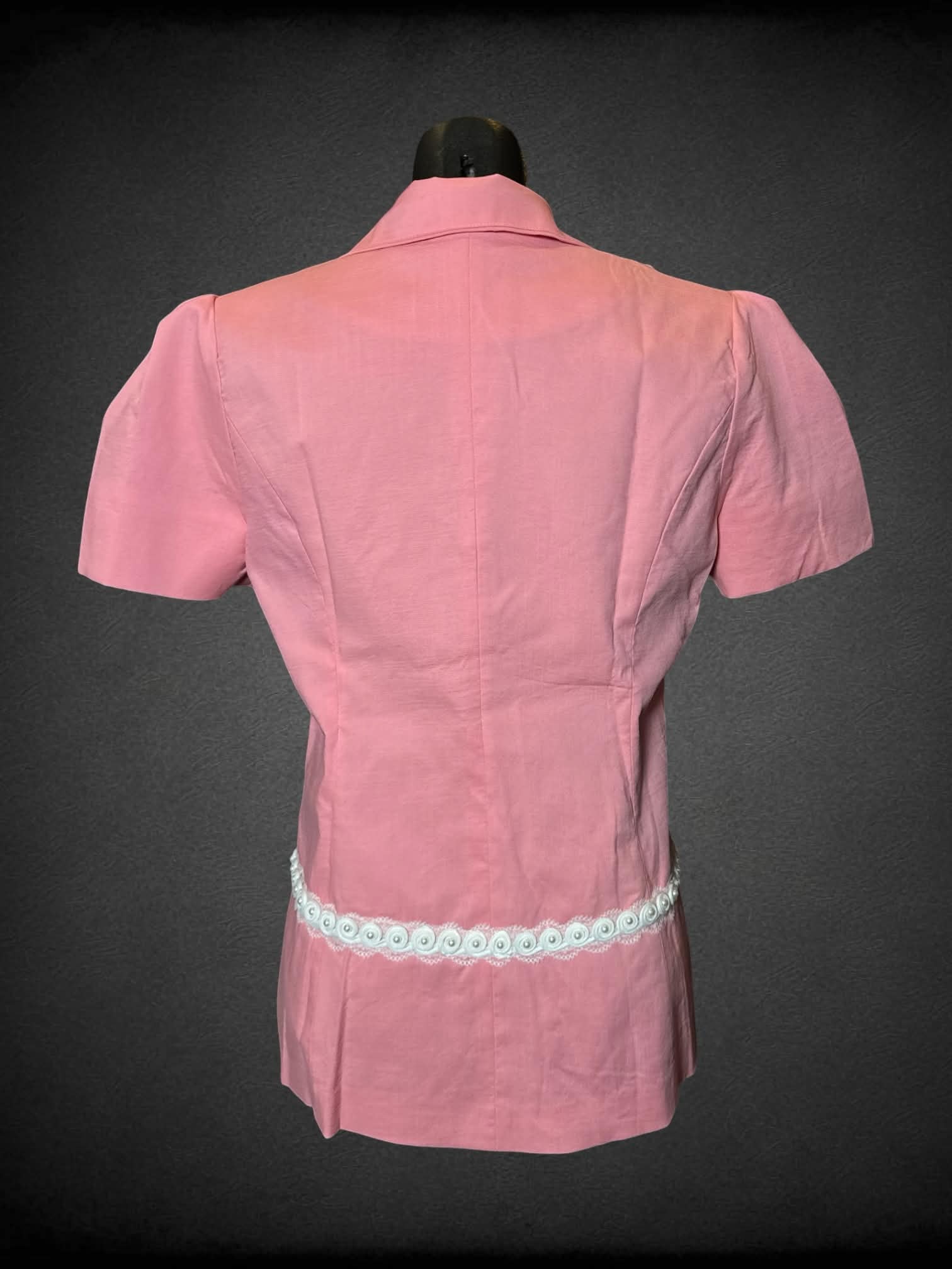 S TattleTale pink button-up shirt with lace pearl beaded lining, padded shoulders and charm buttons