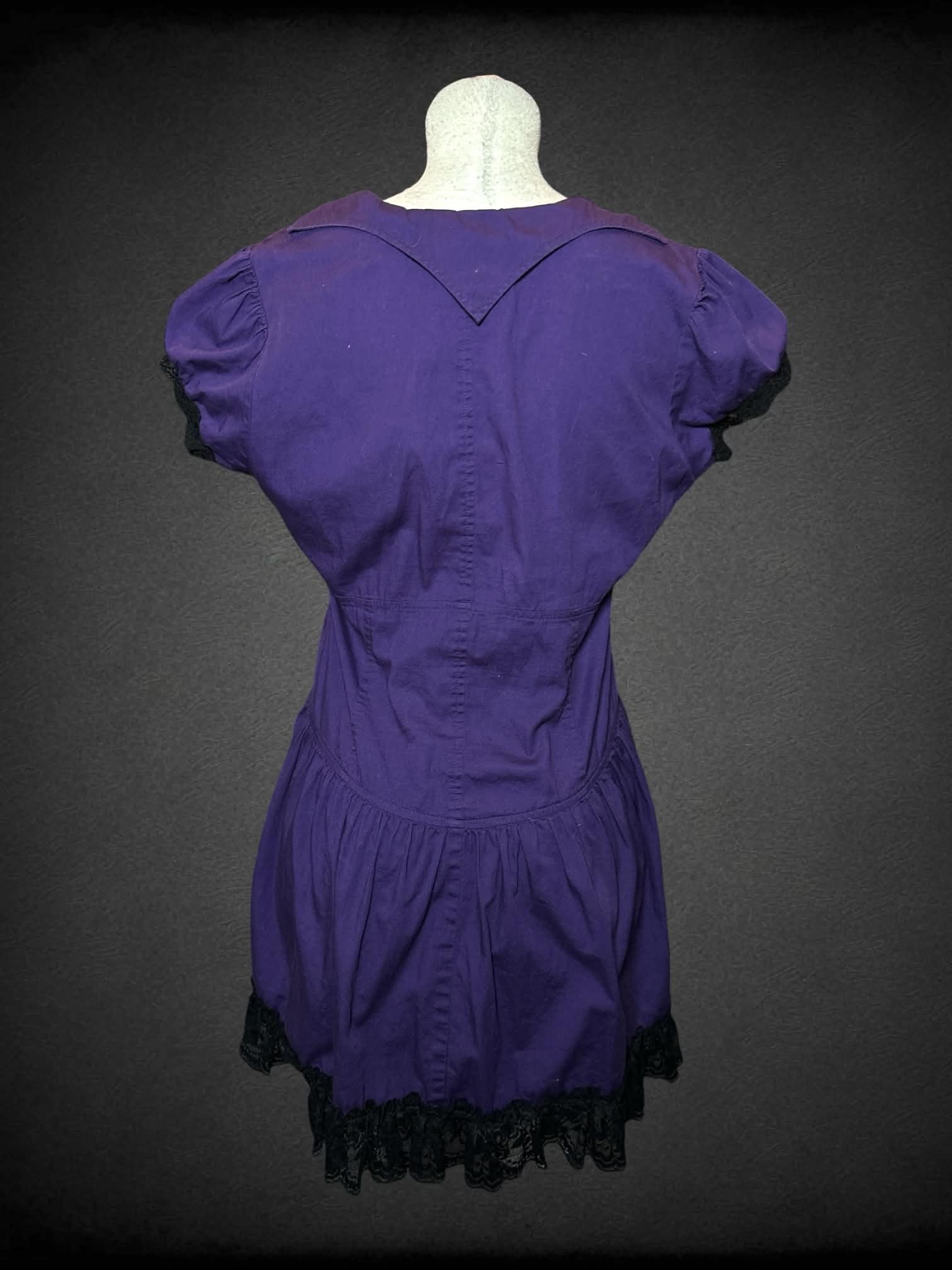 L Lip Service purple dress with bat wing collar, lace hem and hook clasps on front