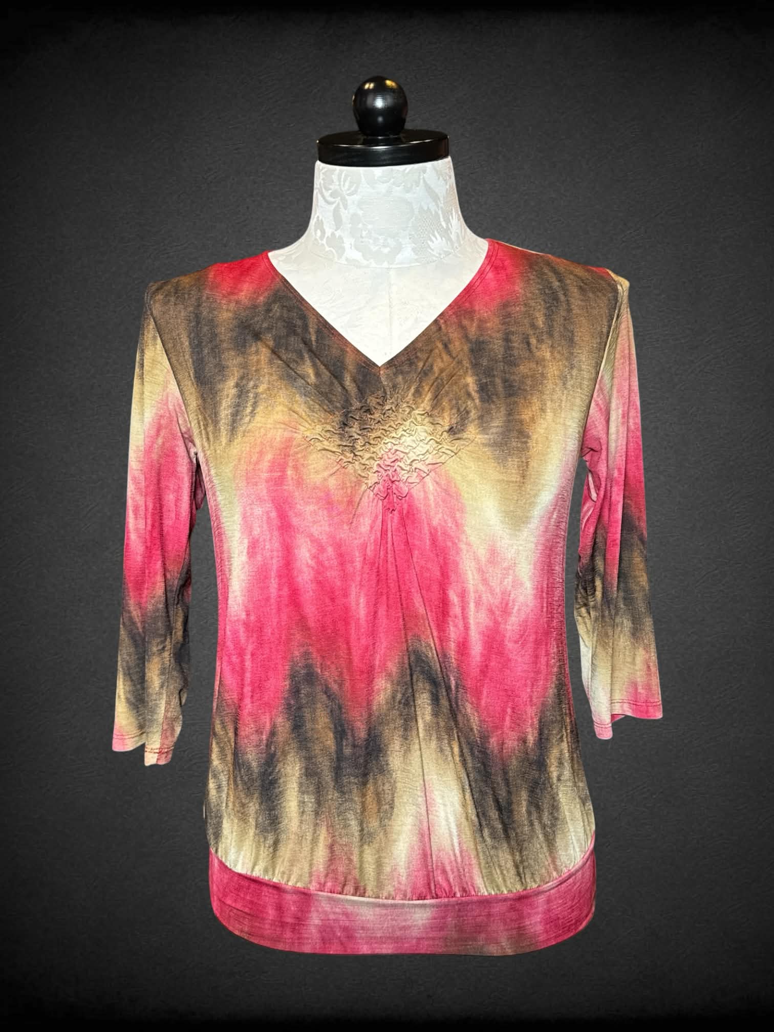XL Dressbarn pink three-quarter sleeve v neck shirt with tie-dye design