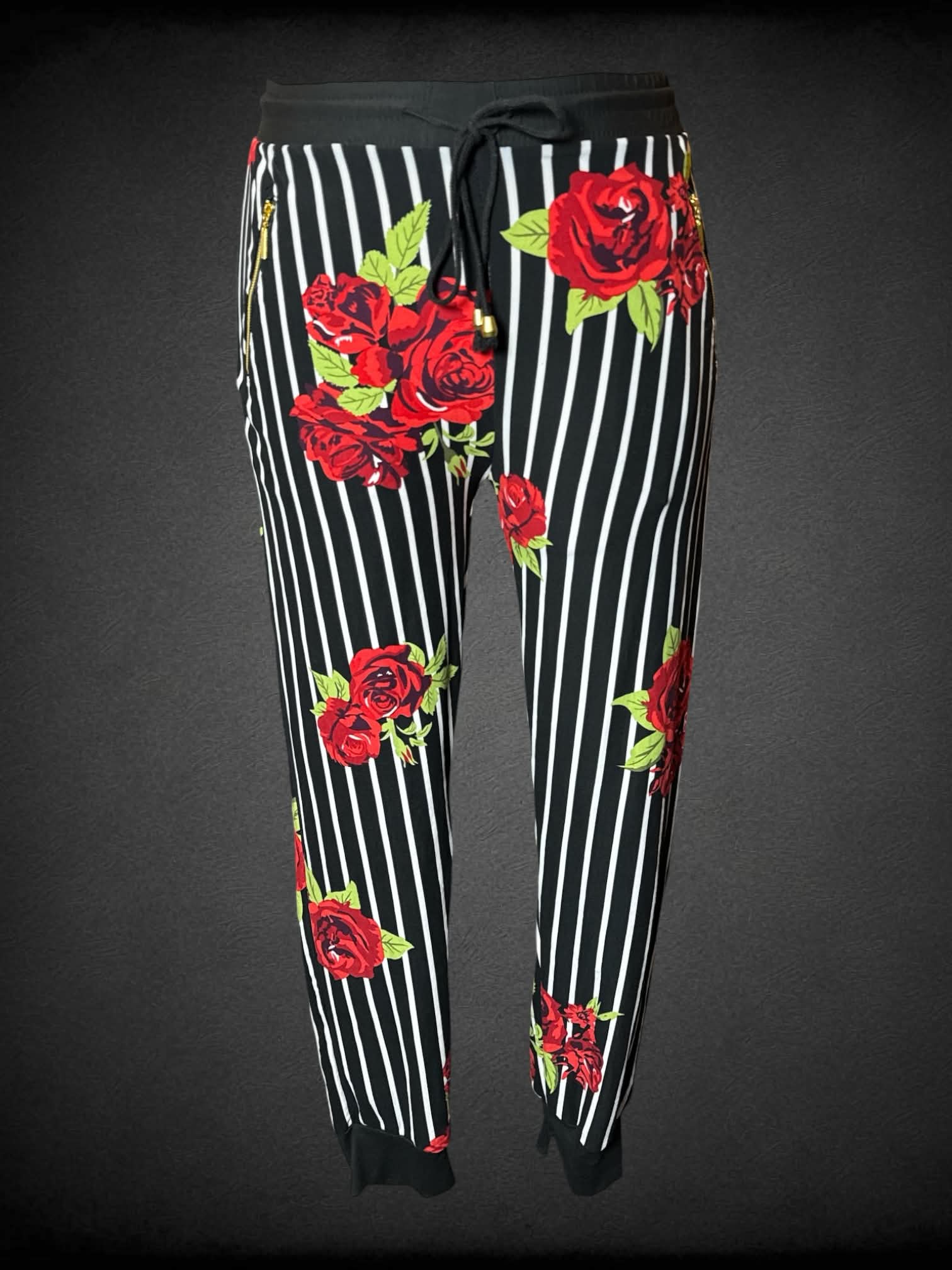 XL Indero soft black pants with striped rose pattern, adjustable stretch waist and pockets