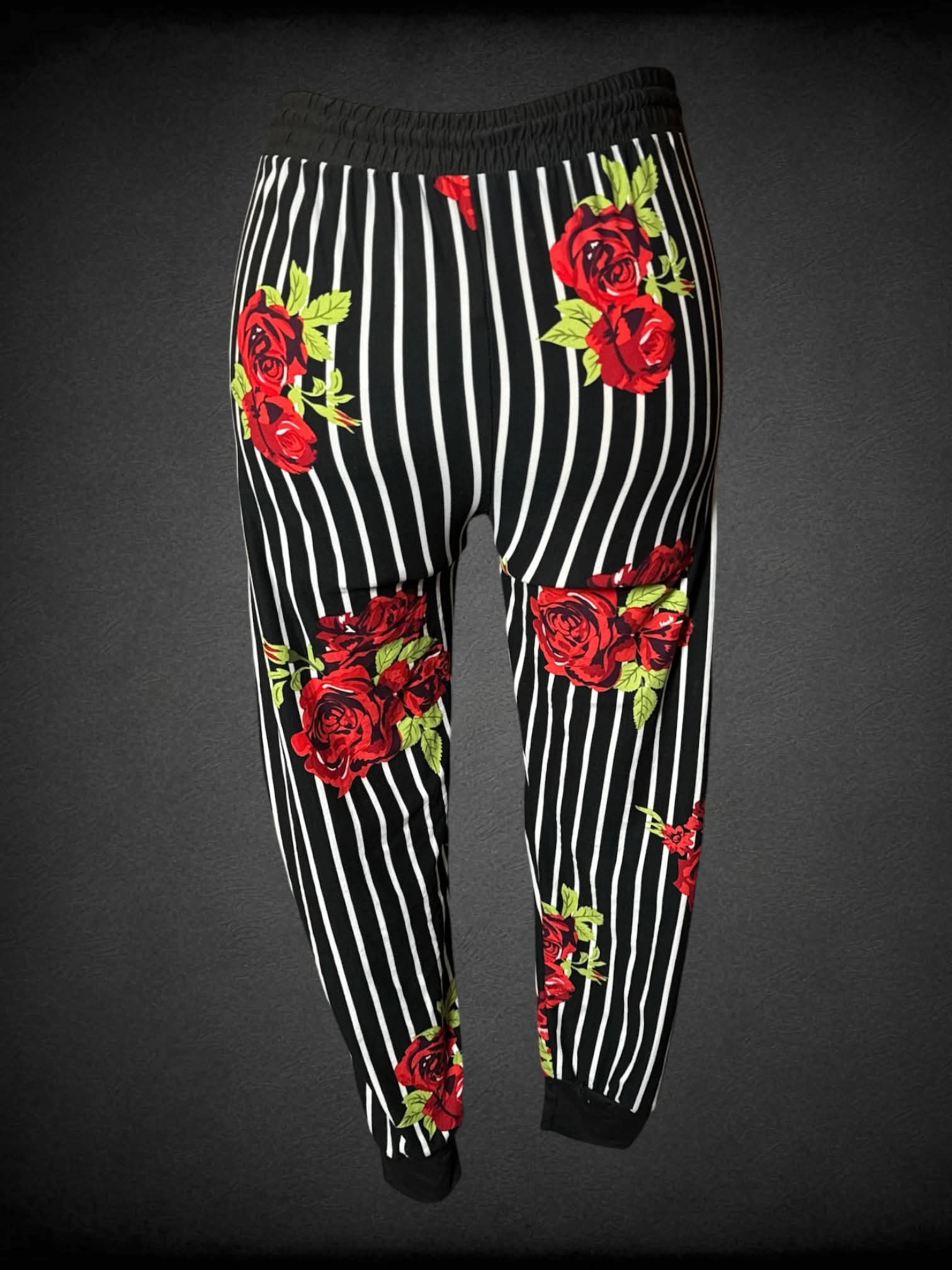 XL Indero soft black pants with striped rose pattern, adjustable stretch waist and pockets