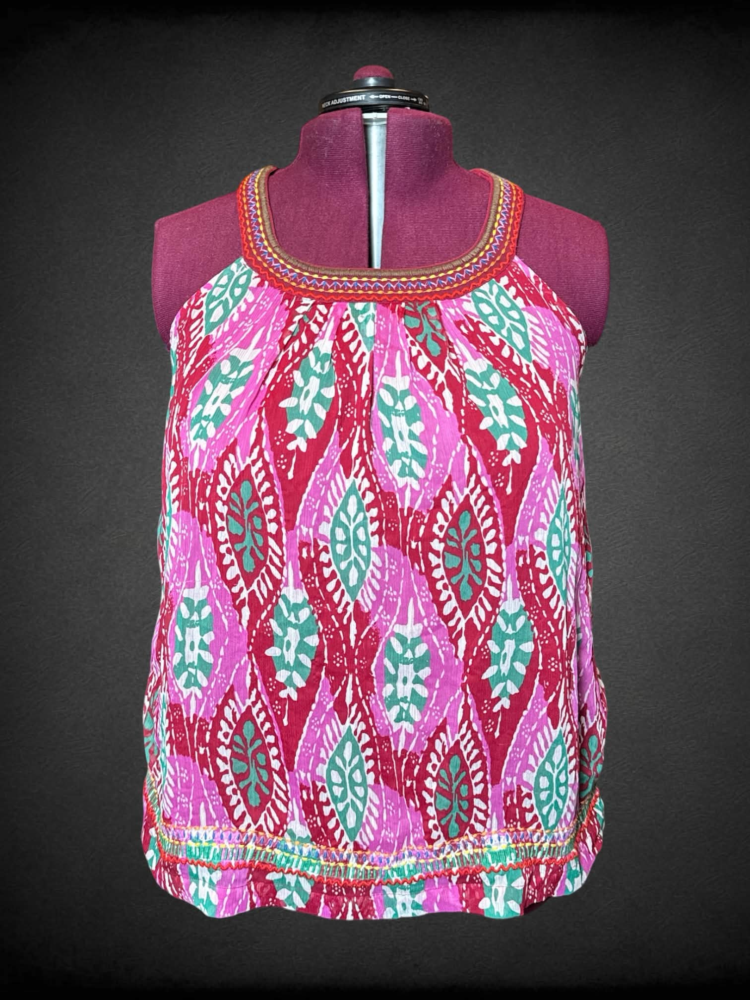 2X Torrid vintage red flowy halter top with woven detailing, and pink & green ornamental pattern