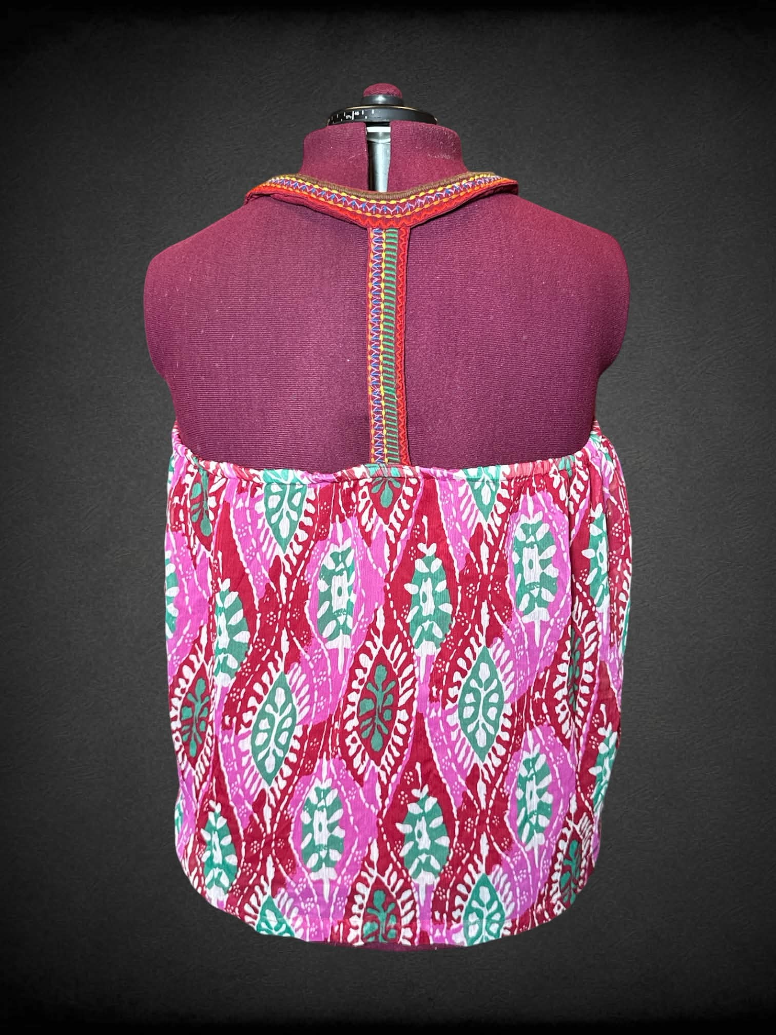 2X Torrid vintage red flowy halter top with woven detailing, and pink & green ornamental pattern