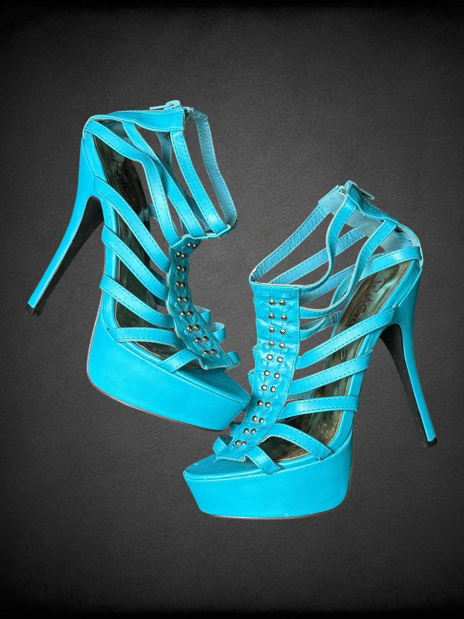 Size 10 Red Circle blue wedge heels with metallic detailing and zipper on back