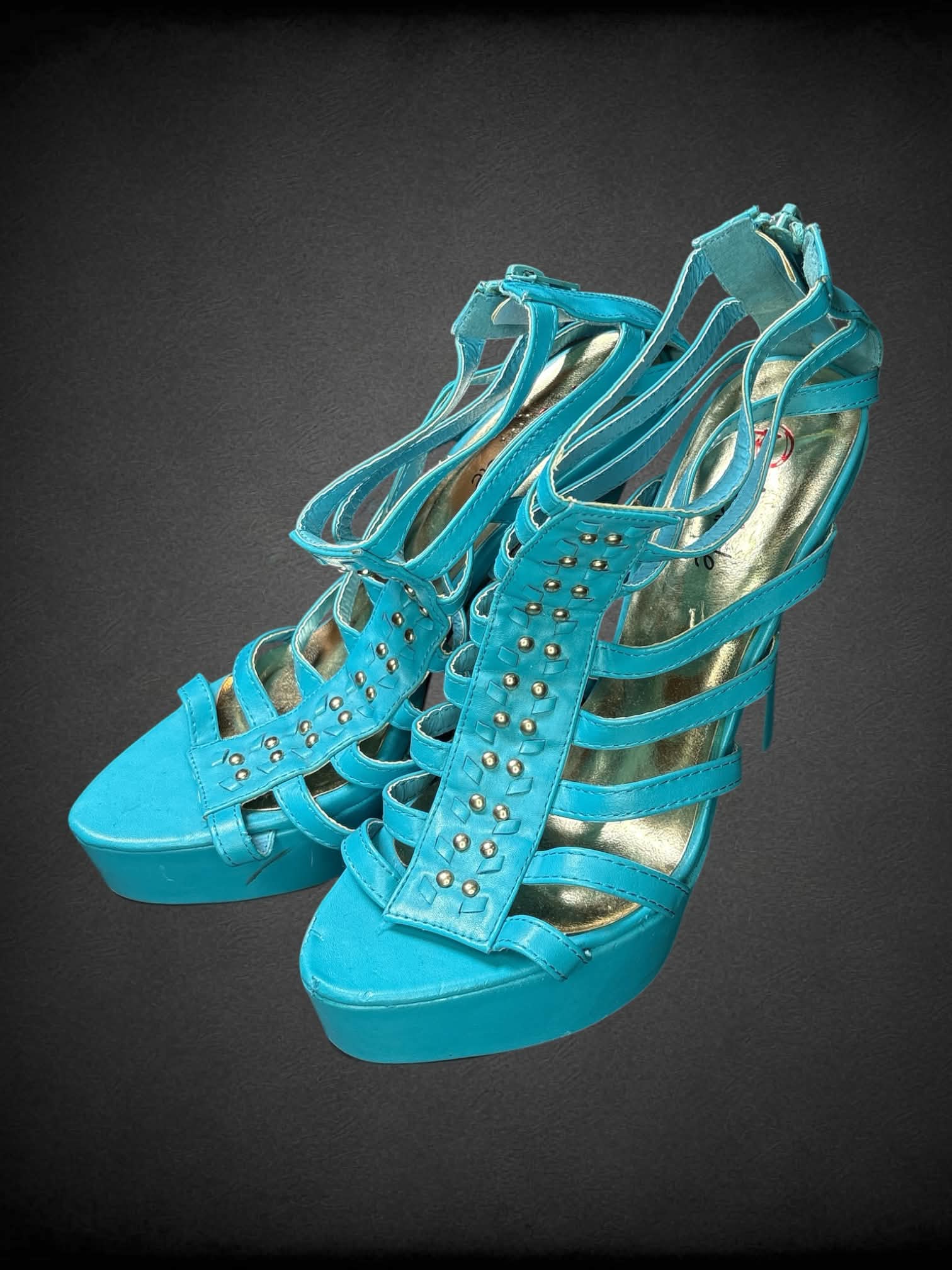 Size 10 Red Circle blue wedge heels with metallic detailing and zipper on back