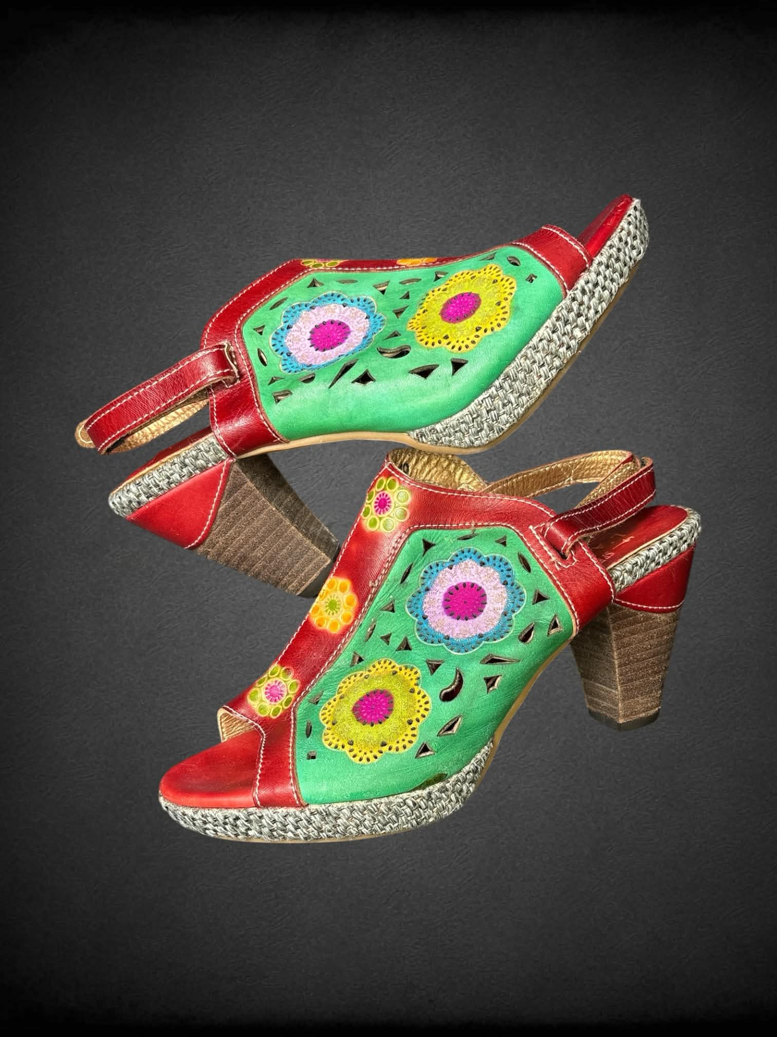 EU 40 L’Artiste red leather heels with colorful flower cutout design, and Velcro strap