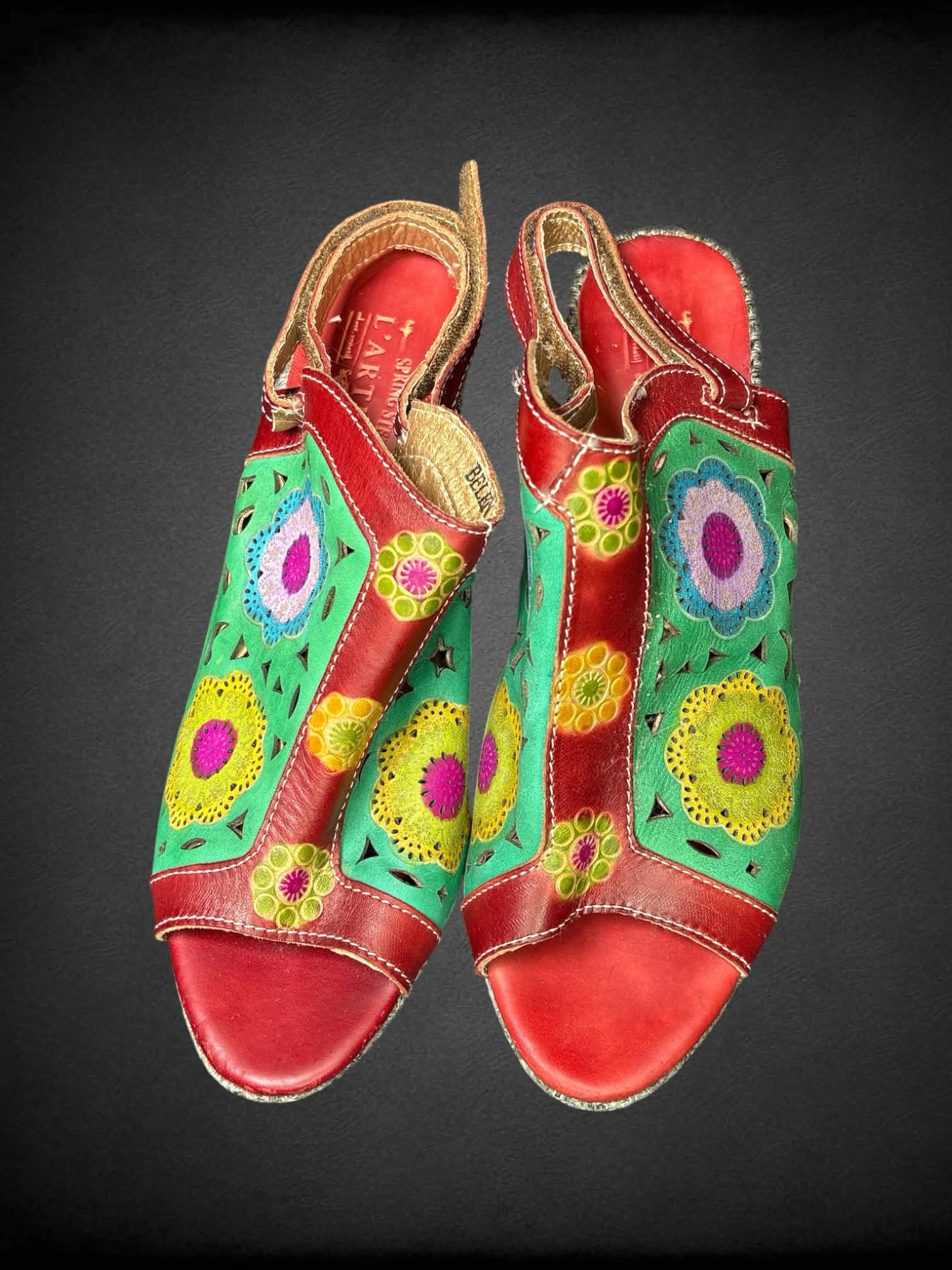 EU 40 L’Artiste red leather heels with colorful flower cutout design, and Velcro strap