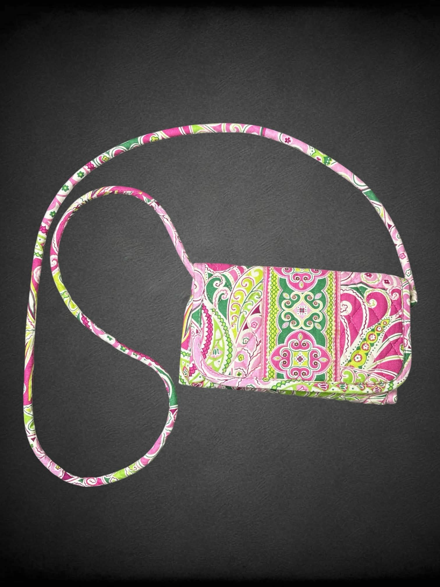 Vera Bradley pink & green shoulder wallet with paisley design, and velcro pocket