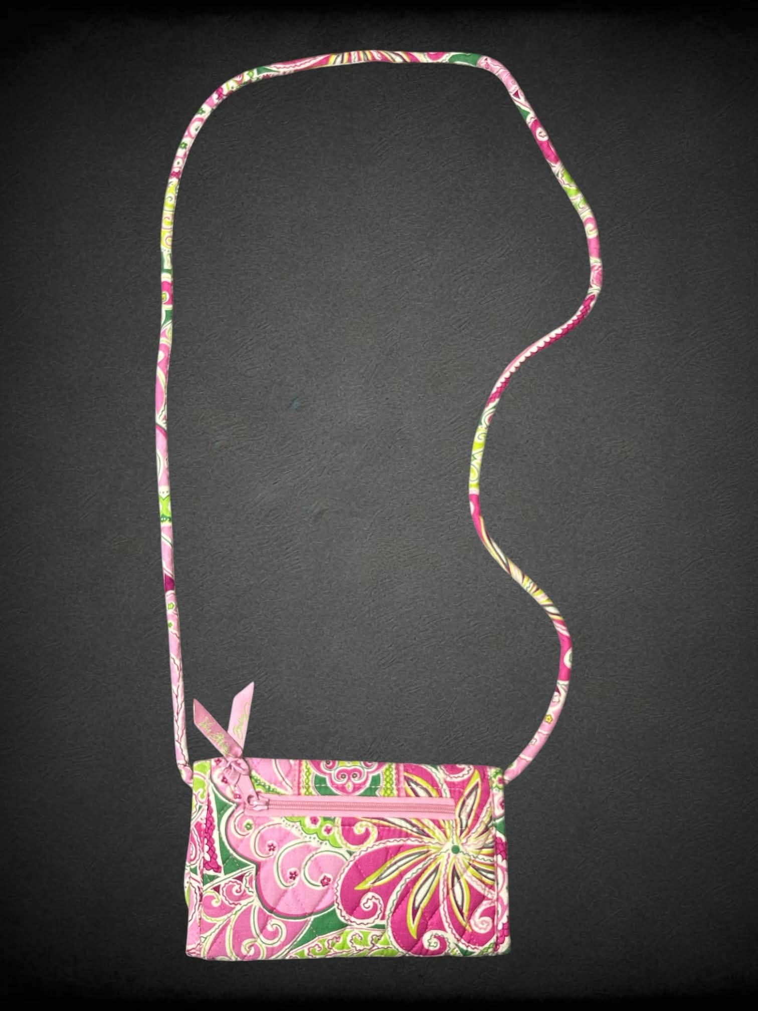 Vera Bradley pink & green shoulder wallet with paisley design, and velcro pocket