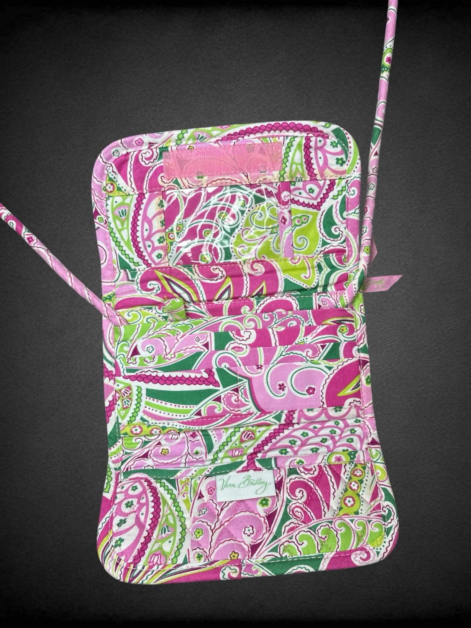 Vera Bradley pink & green shoulder wallet with paisley design, and velcro pocket