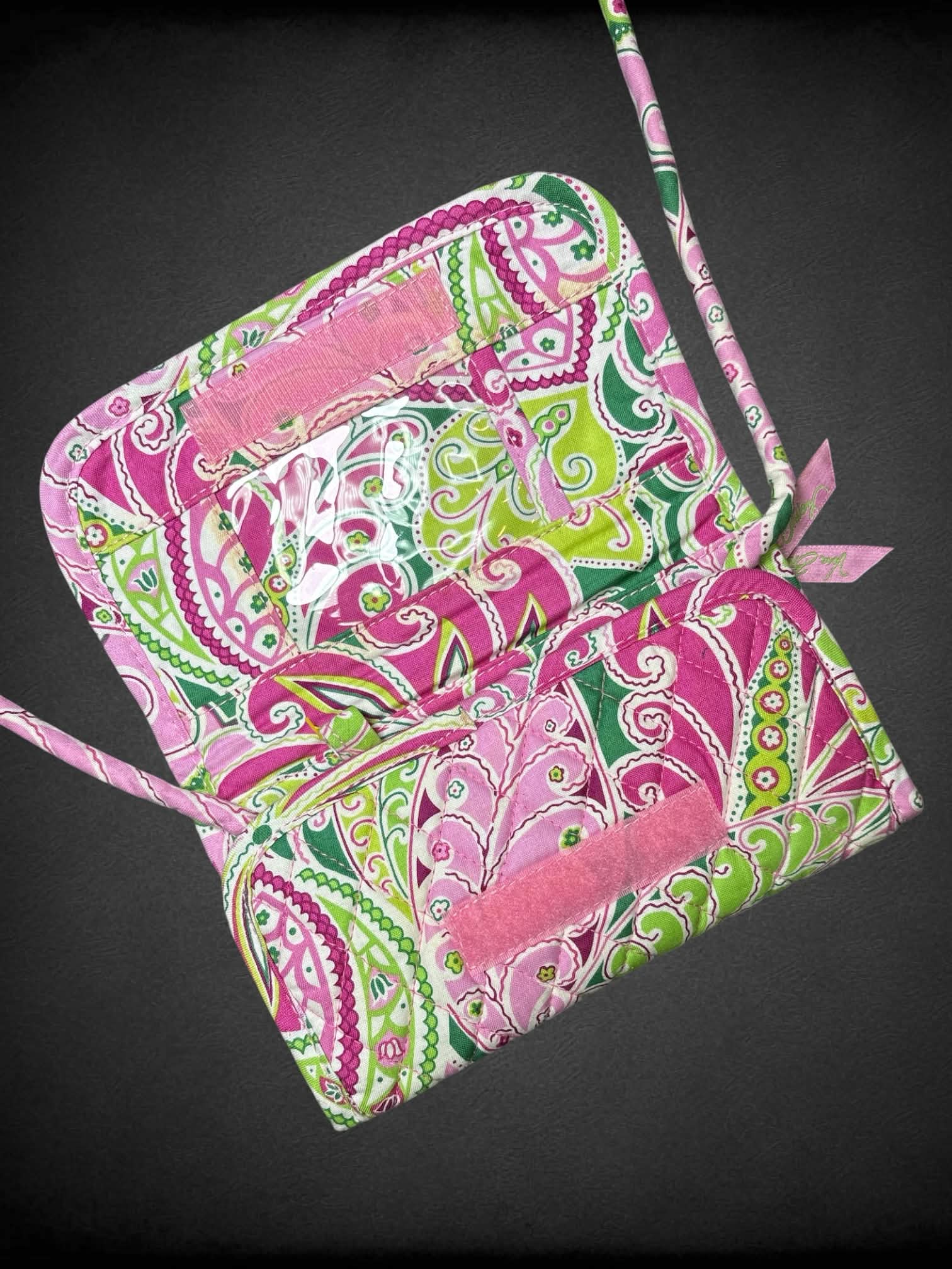 Vera Bradley pink & green shoulder wallet with paisley design, and velcro pocket