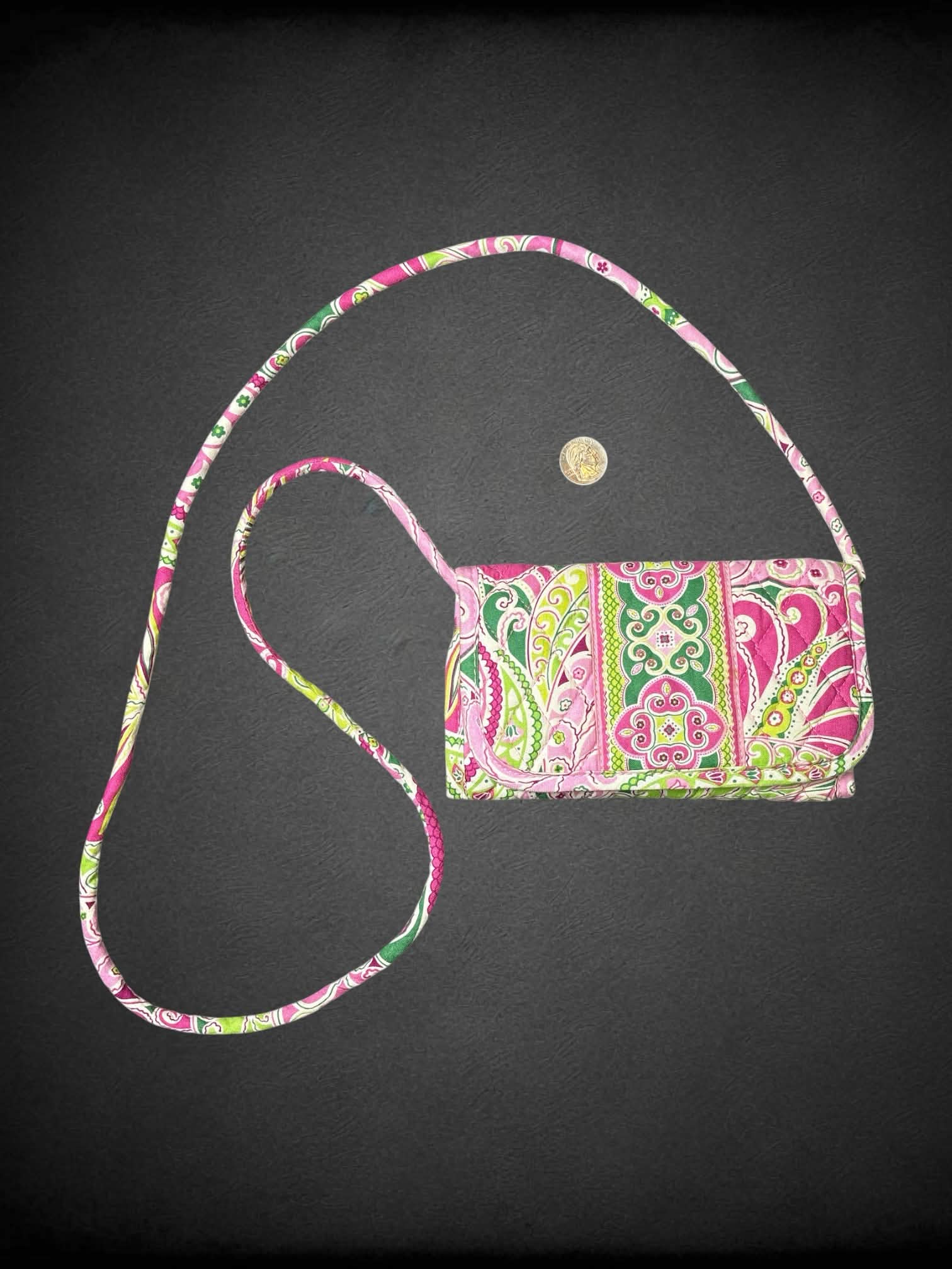 Vera Bradley pink & green shoulder wallet with paisley design, and velcro pocket