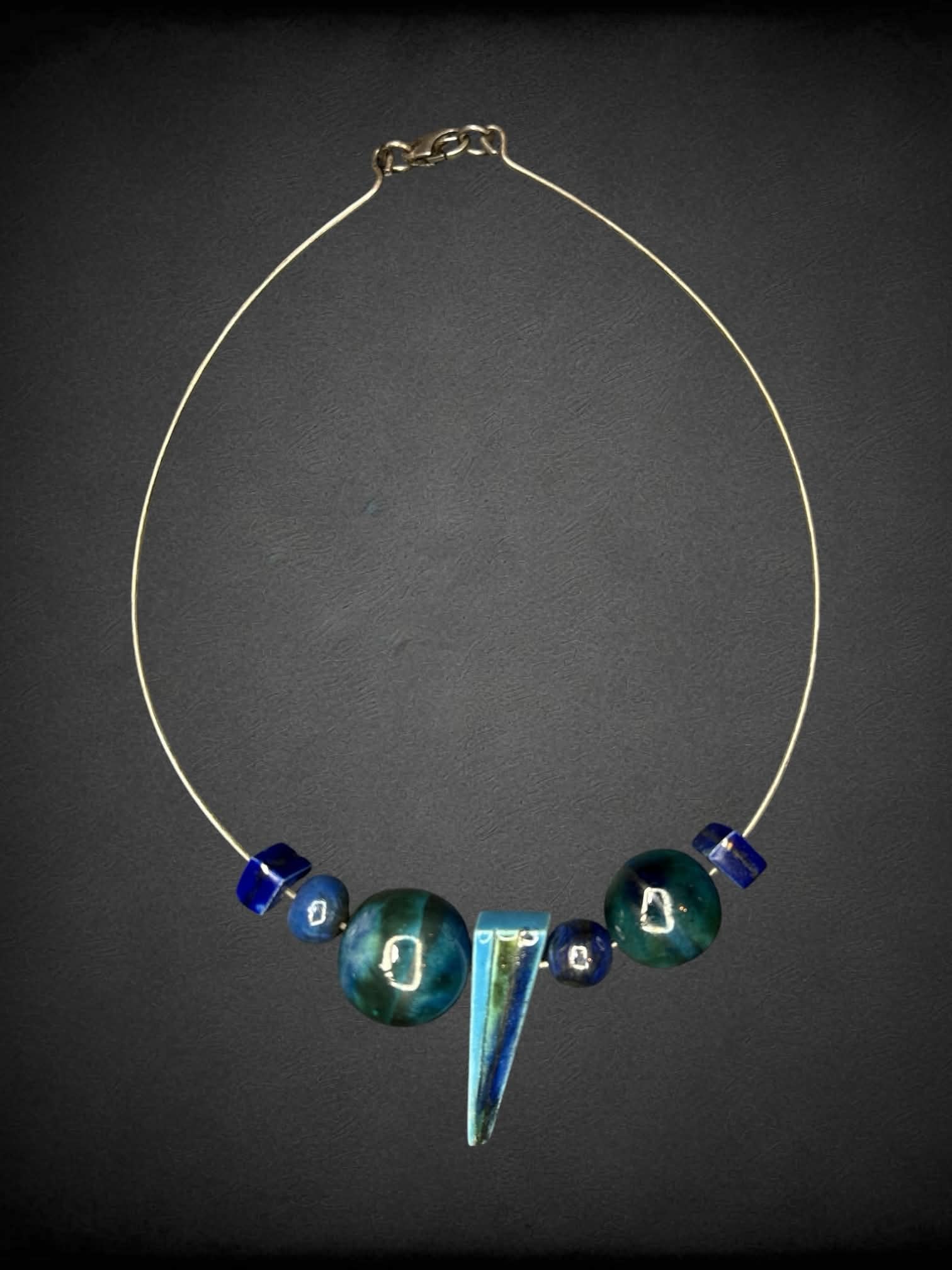 Rare 1 of 1 Victoria Tillard ceramic art piece necklace with blue circular and triangle charms