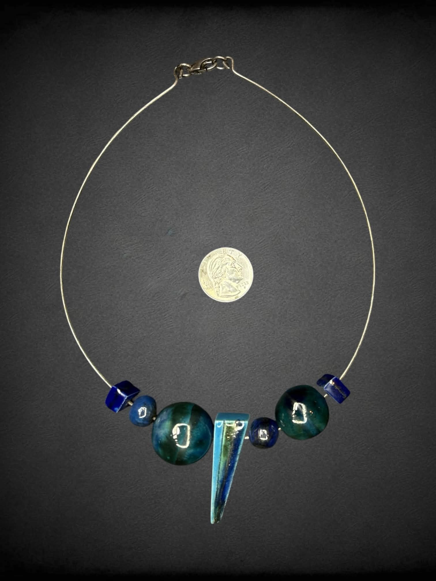 Rare 1 of 1 Victoria Tillard ceramic art piece necklace with blue circular and triangle charms