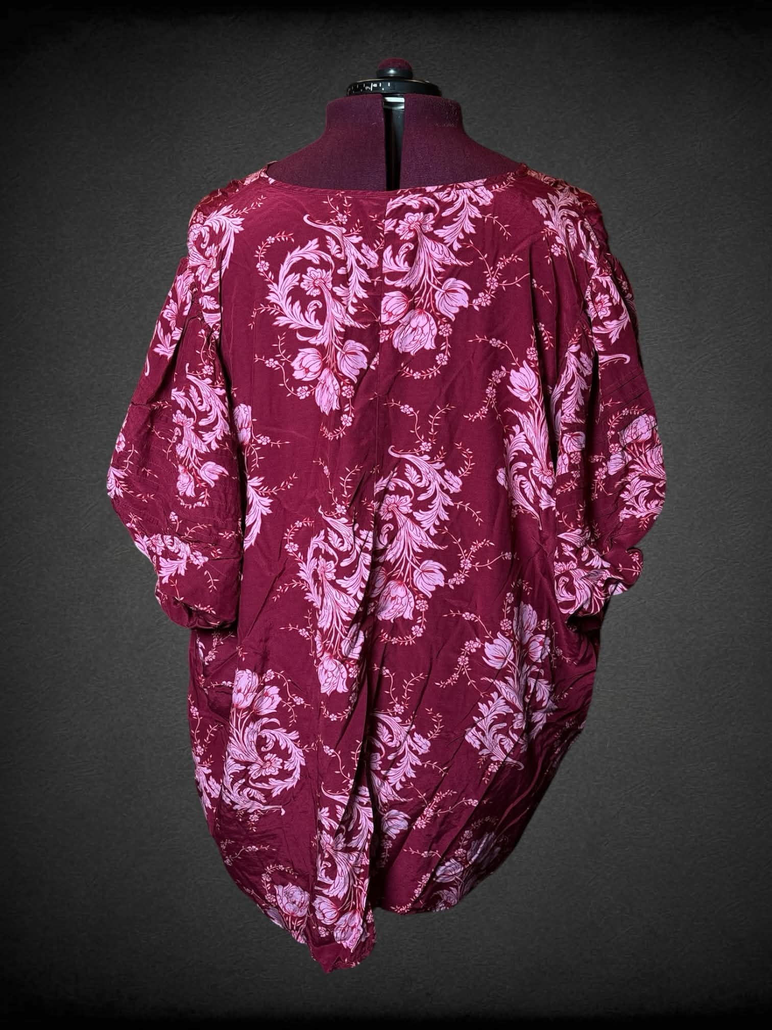 5X Belle Isle maroon flowy blouse with pink floral pattern