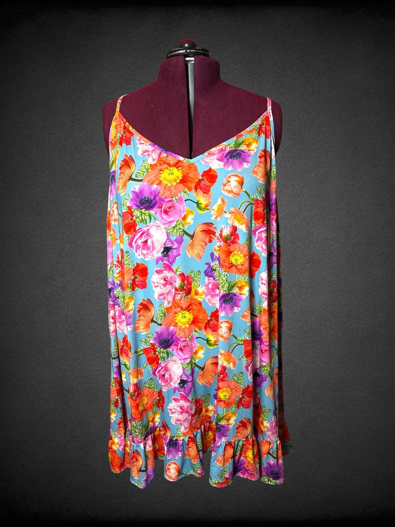 6X Cacique blue dress with colorful floral pattern, and adjustable straps