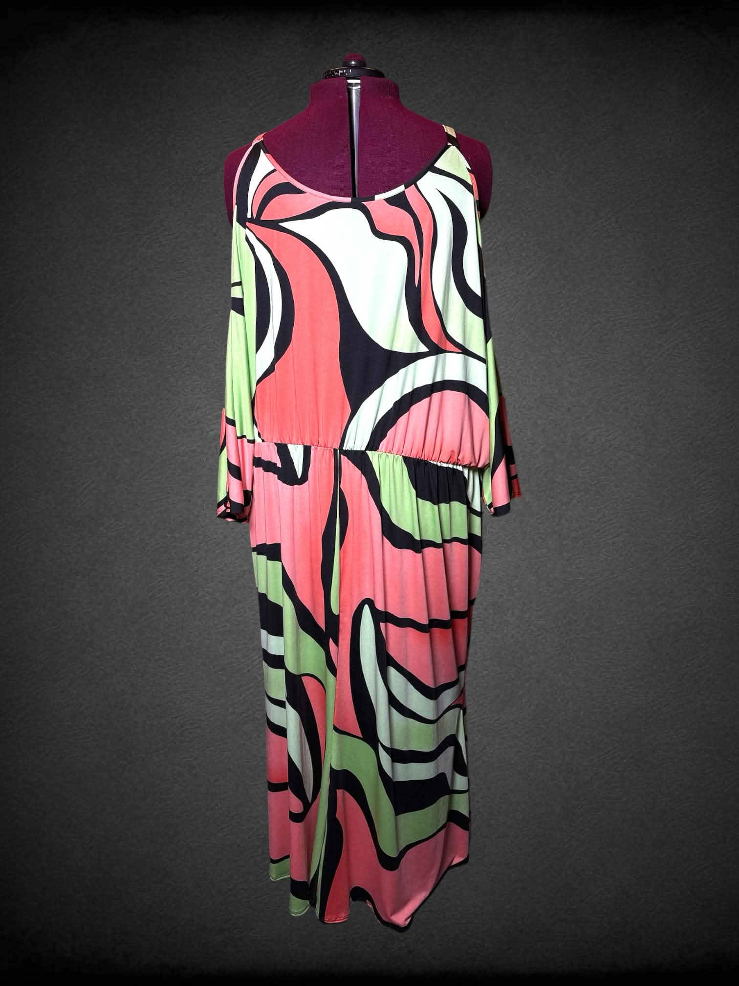 6X Ashley Stewart NWT coral & green off-the shoulder dress with long sleeves