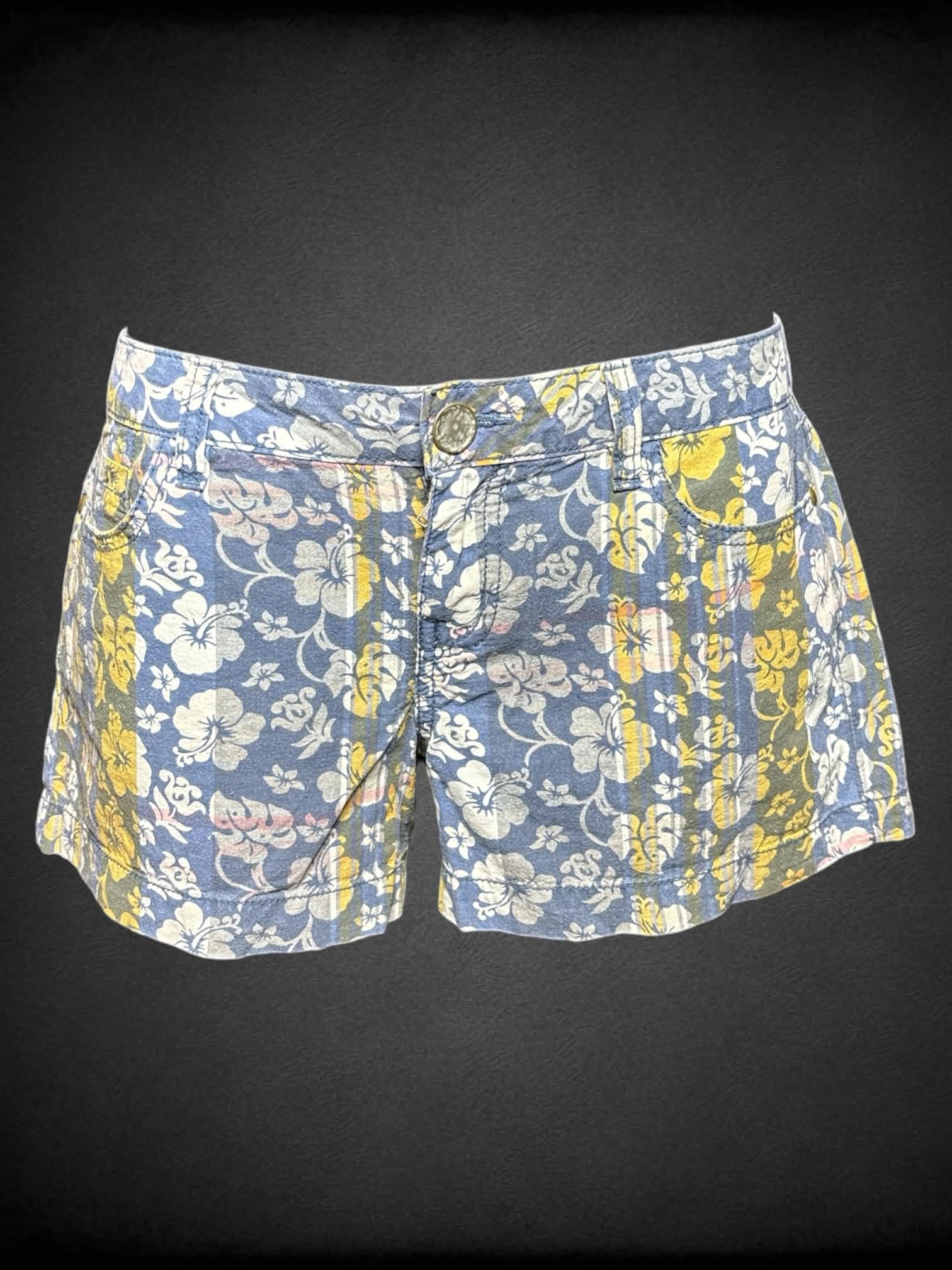 M Inked & Stated blue & yellow plaid shorts with tropical floral design