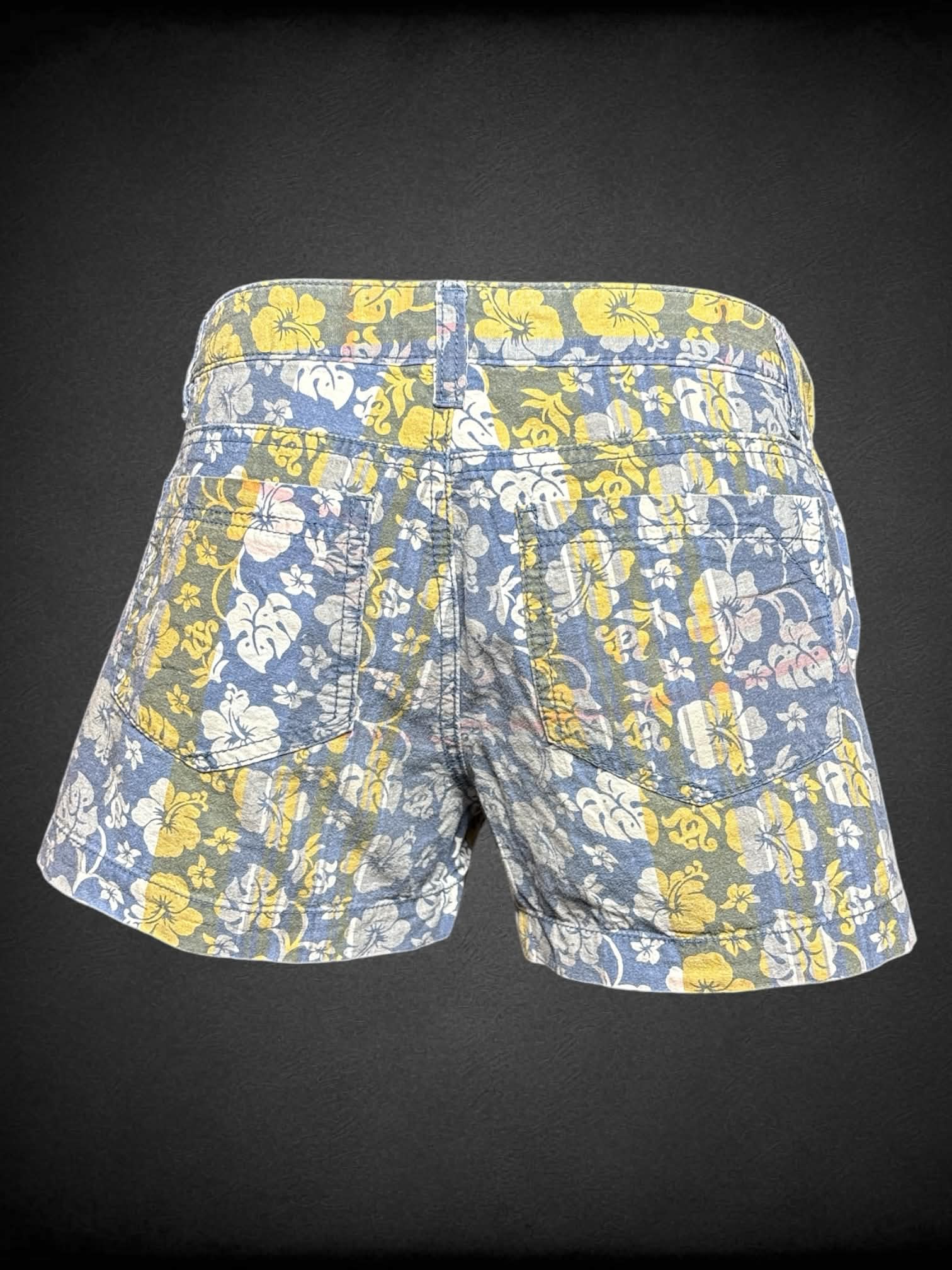 M Inked & Stated blue & yellow plaid shorts with tropical floral design
