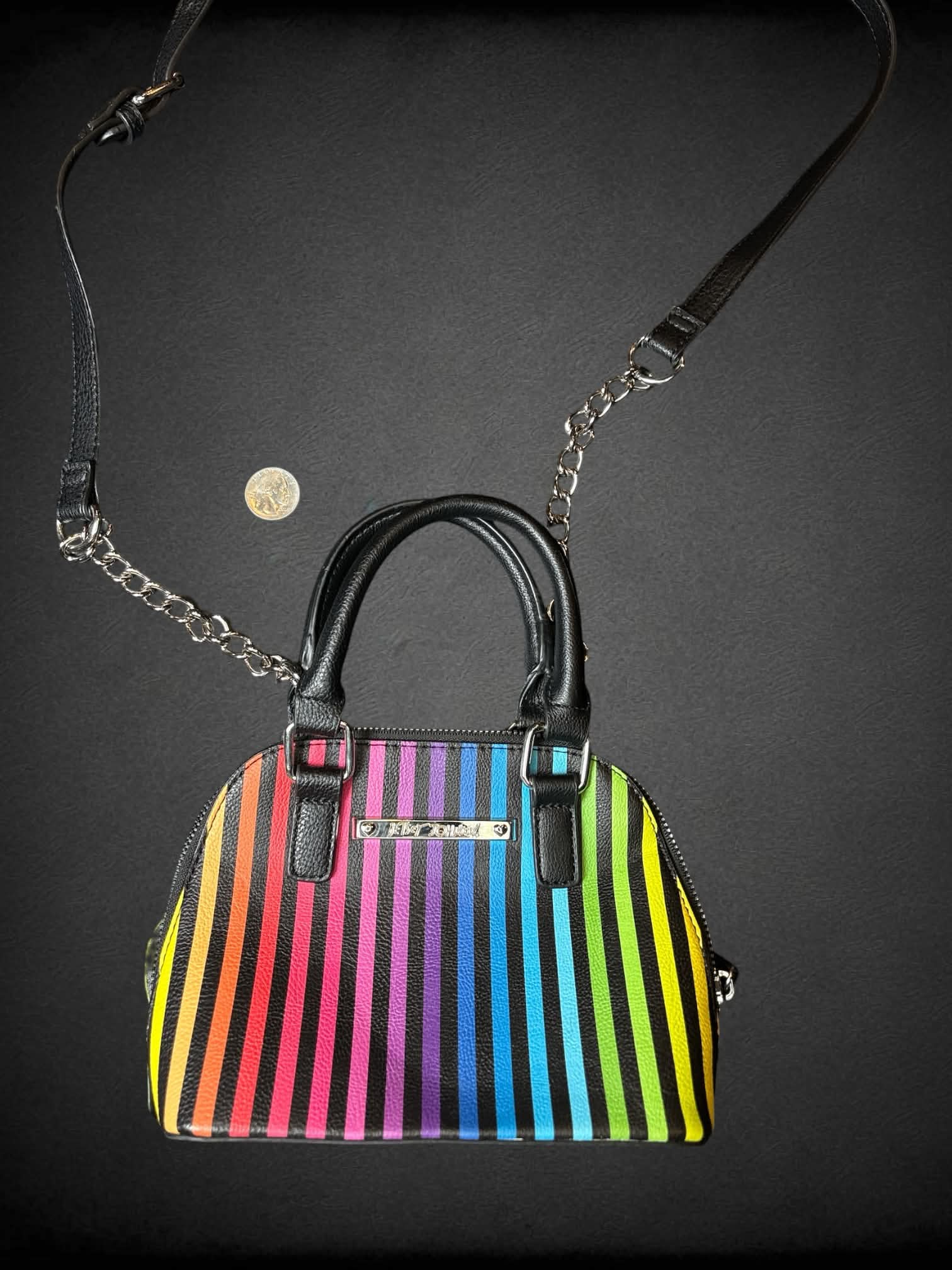 Betsey Johnson rainbow striped shoulder bag with zipper pocket