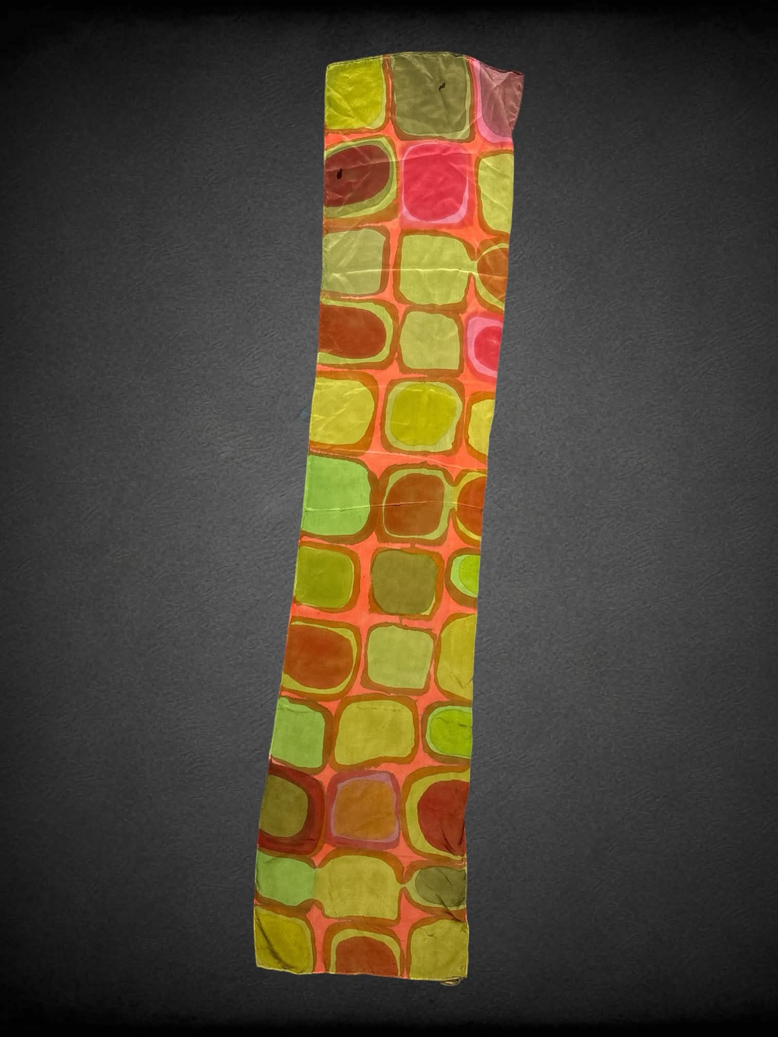 Susan Steinbrock Design vintage green hand-painted silk scarf with orange & pink detailing