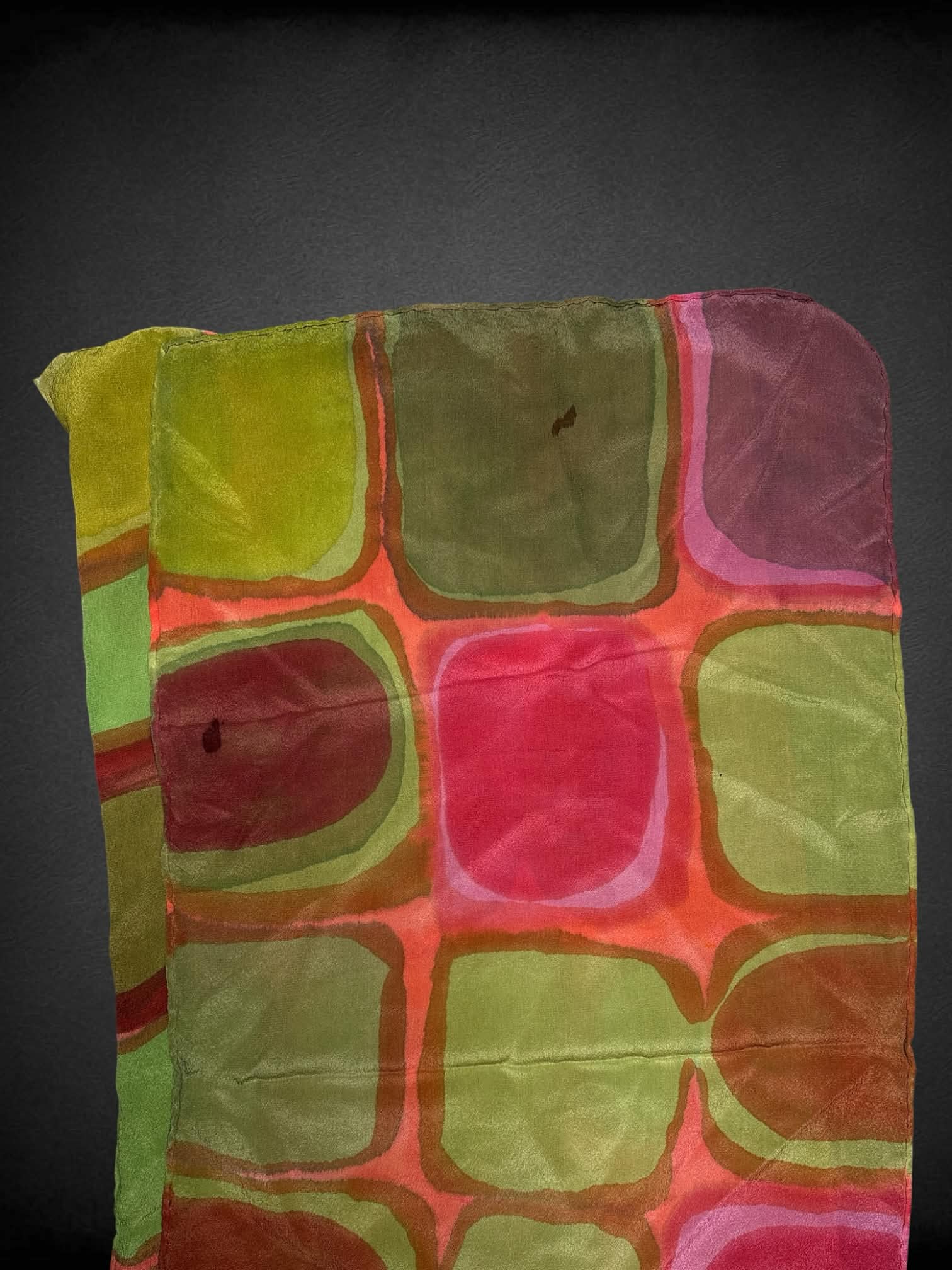 Susan Steinbrock Design vintage green hand-painted silk scarf with orange & pink detailing