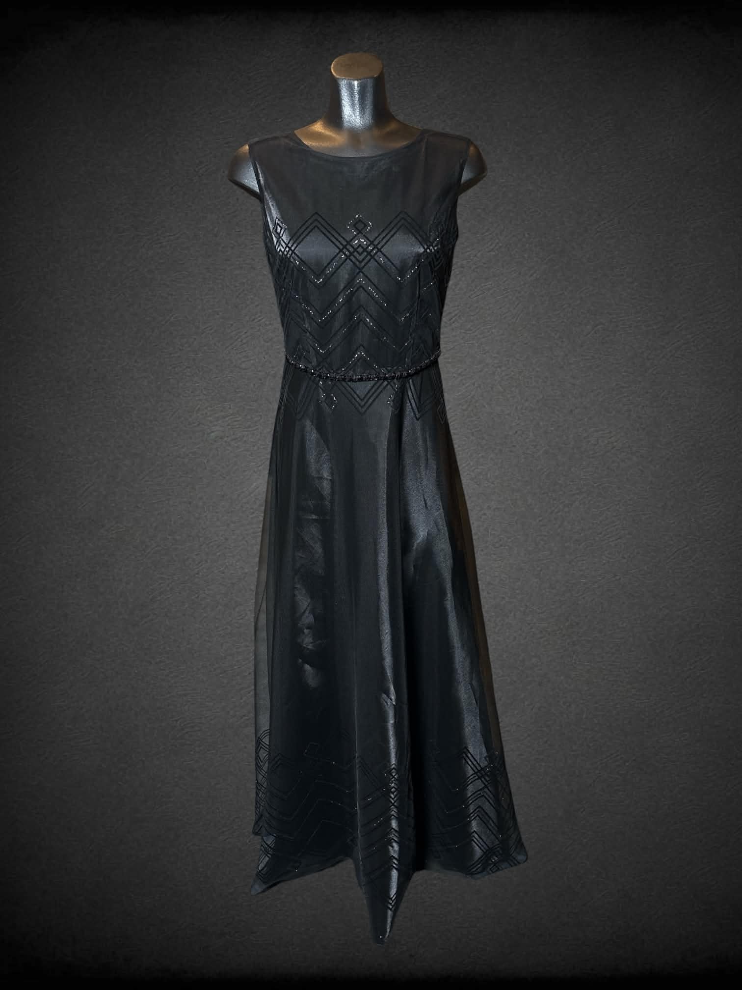 S Tahari black tulle layered dress with beaded waist, and zig-zag pattern with sparkle detail