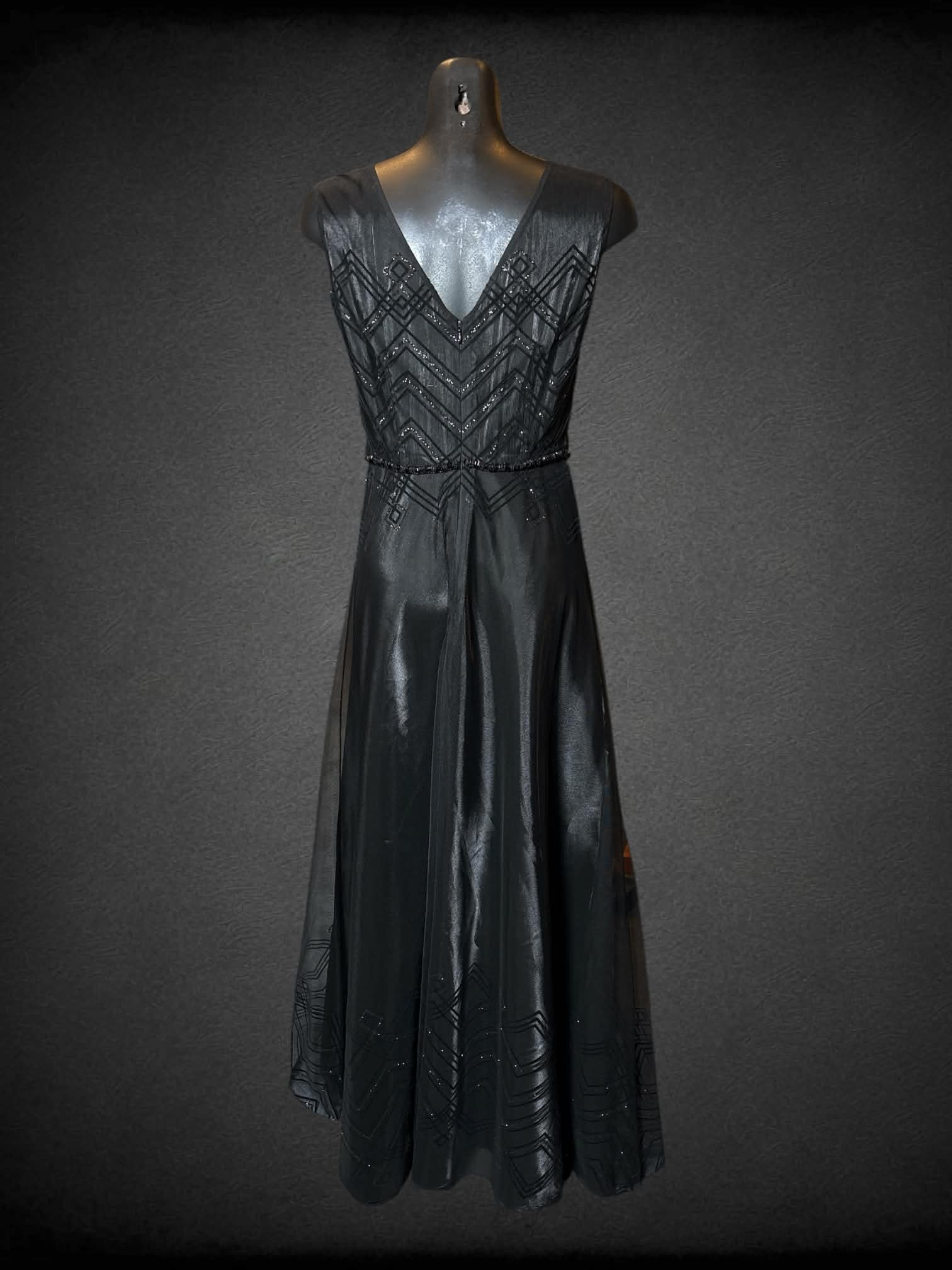 S Tahari black tulle layered dress with beaded waist, and zig-zag pattern with sparkle detail