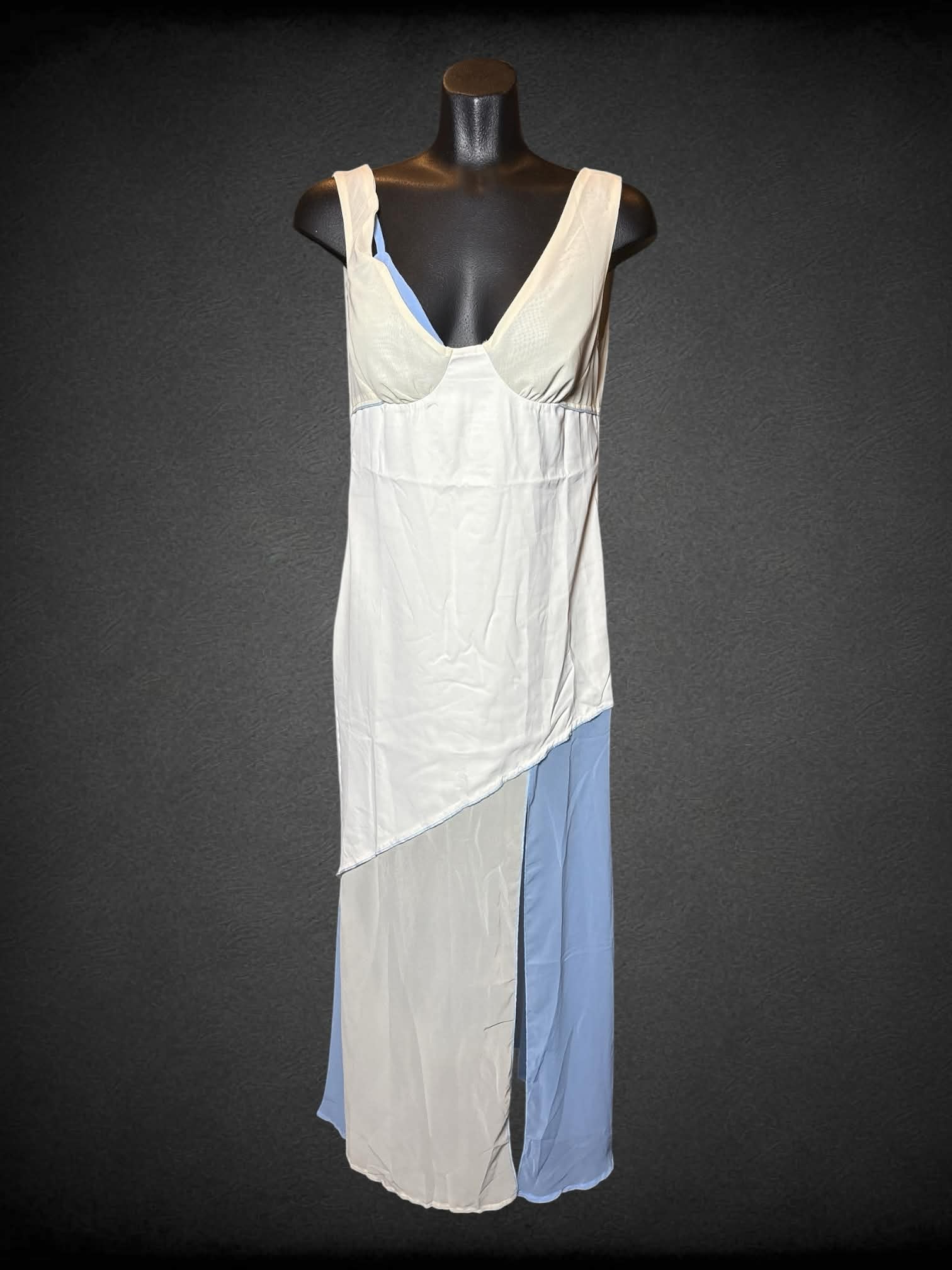 S White, cream & blue dress with asymmetrical layered cut, slit in skirt, and zipper on side