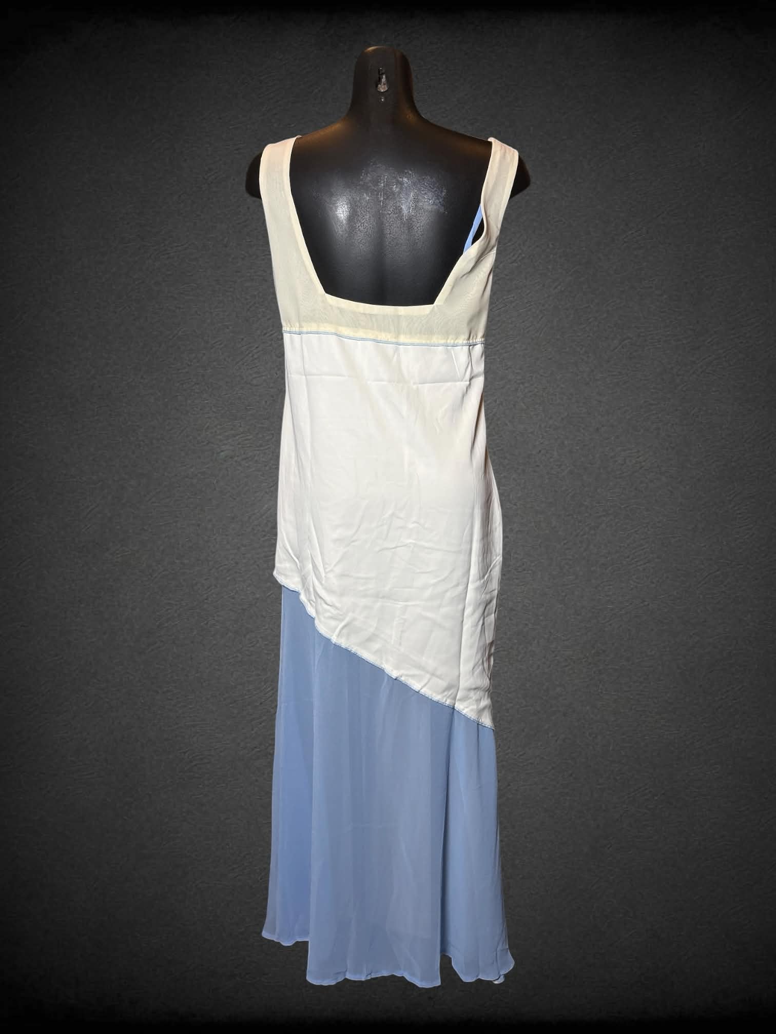 S White, cream & blue dress with asymmetrical layered cut, slit in skirt, and zipper on side