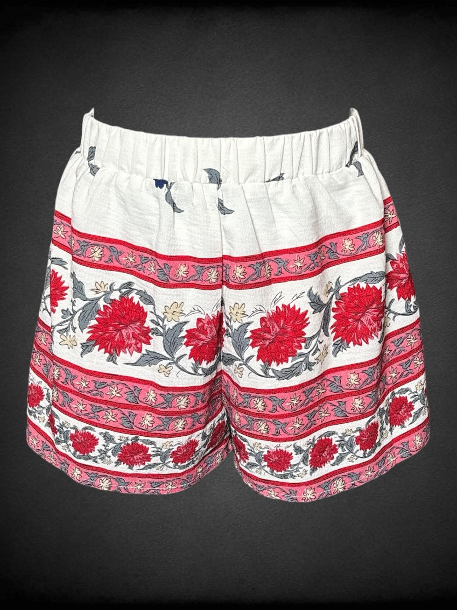 S Fashion Nova white shorts with red floral pattern, and stretch waist