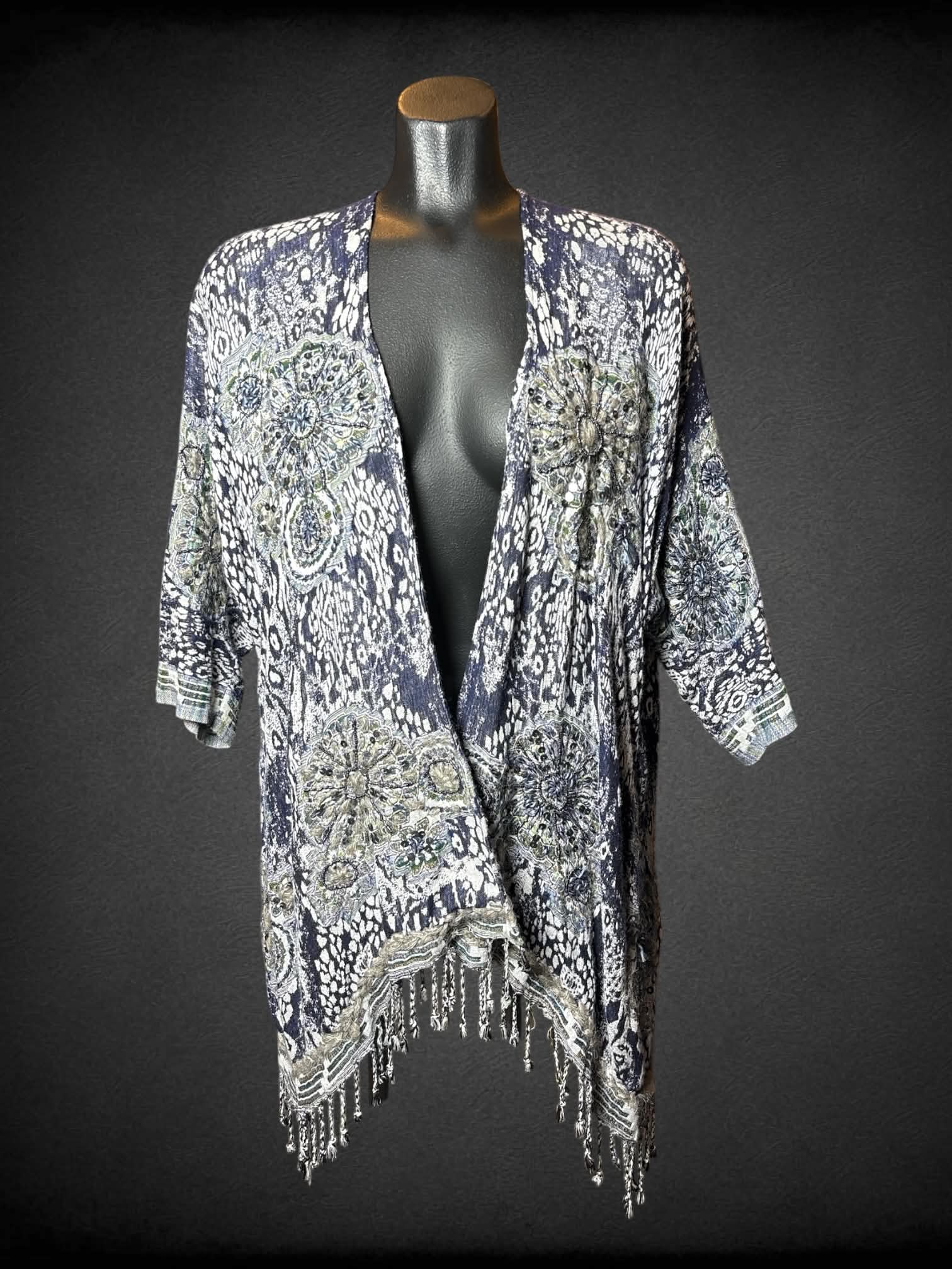 M Soft Surroundings blue & white cardigan with sequined and knit detailing, and tassels on hem