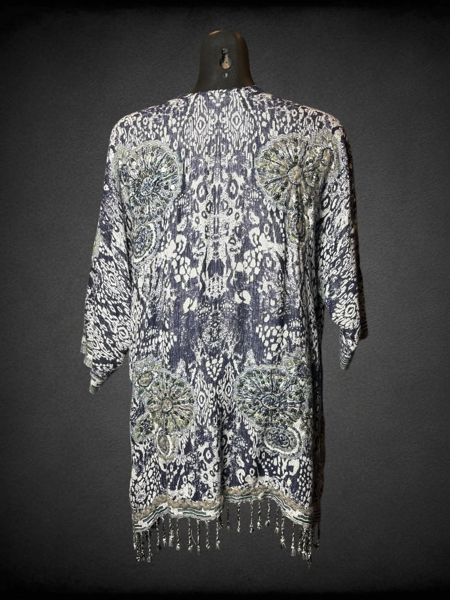 M Soft Surroundings blue & white cardigan with sequined and knit detailing, and tassels on hem