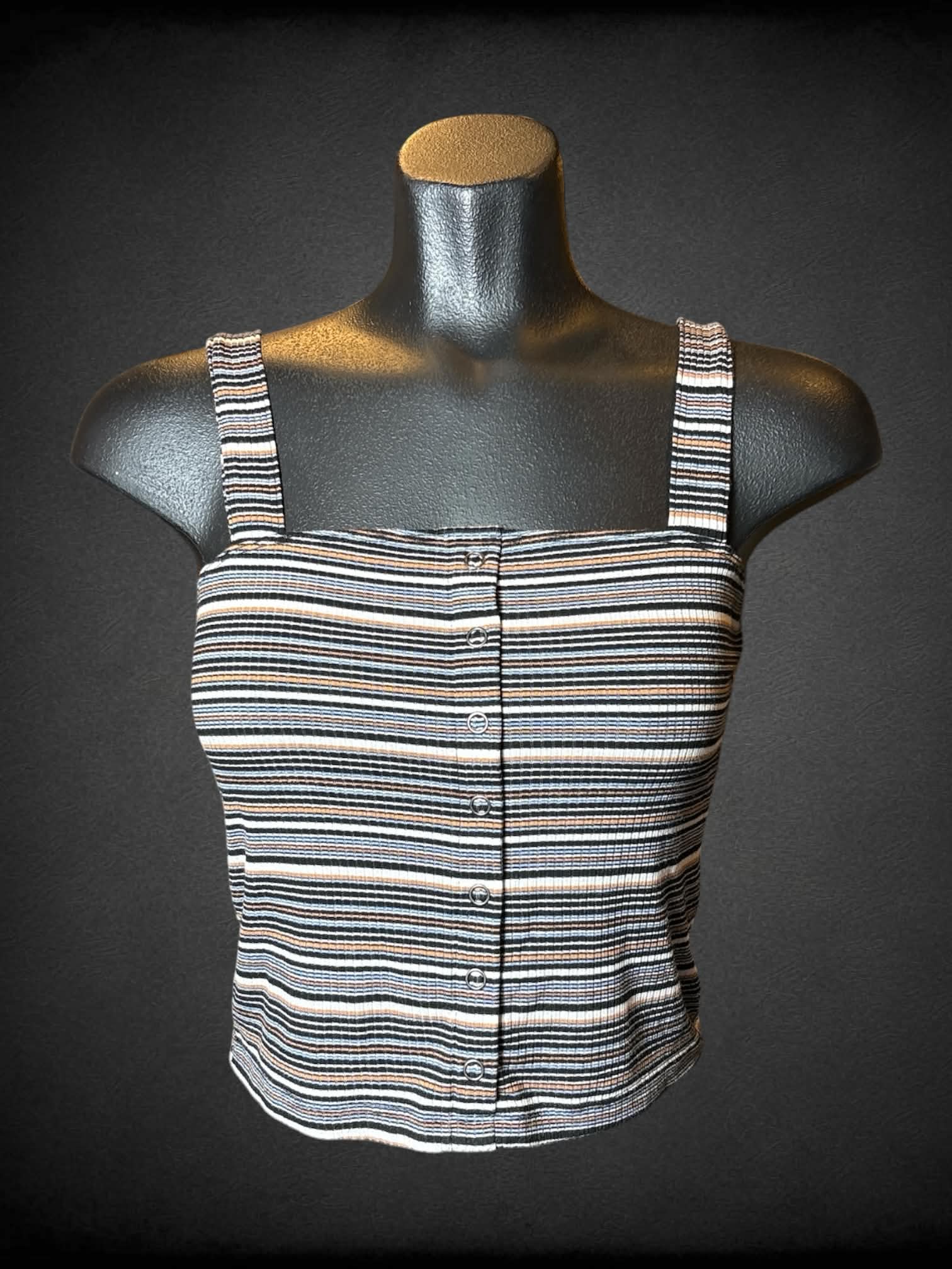M American Eagle cropped rib tank top with striped pattern, and decorative buttons