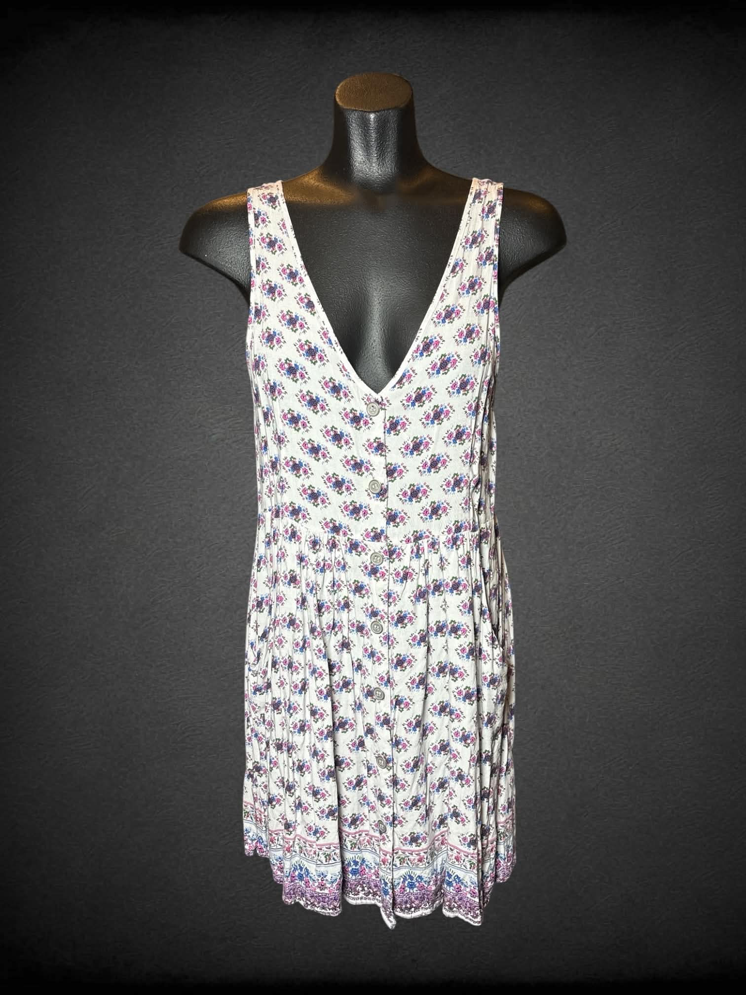 M Cotton On white button-up dress with pastel floral design, and pockets