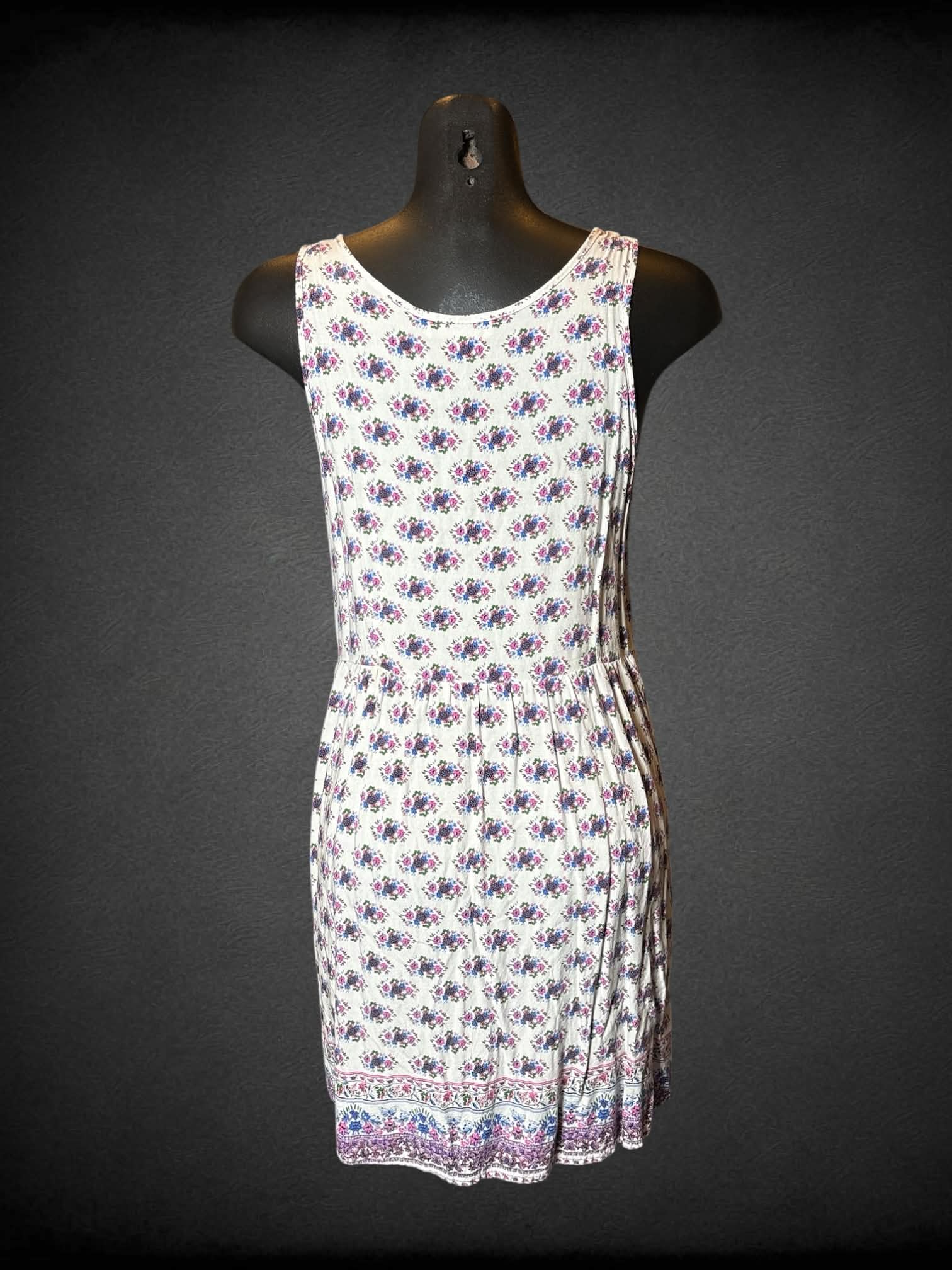 M Cotton On white button-up dress with pastel floral design, and pockets