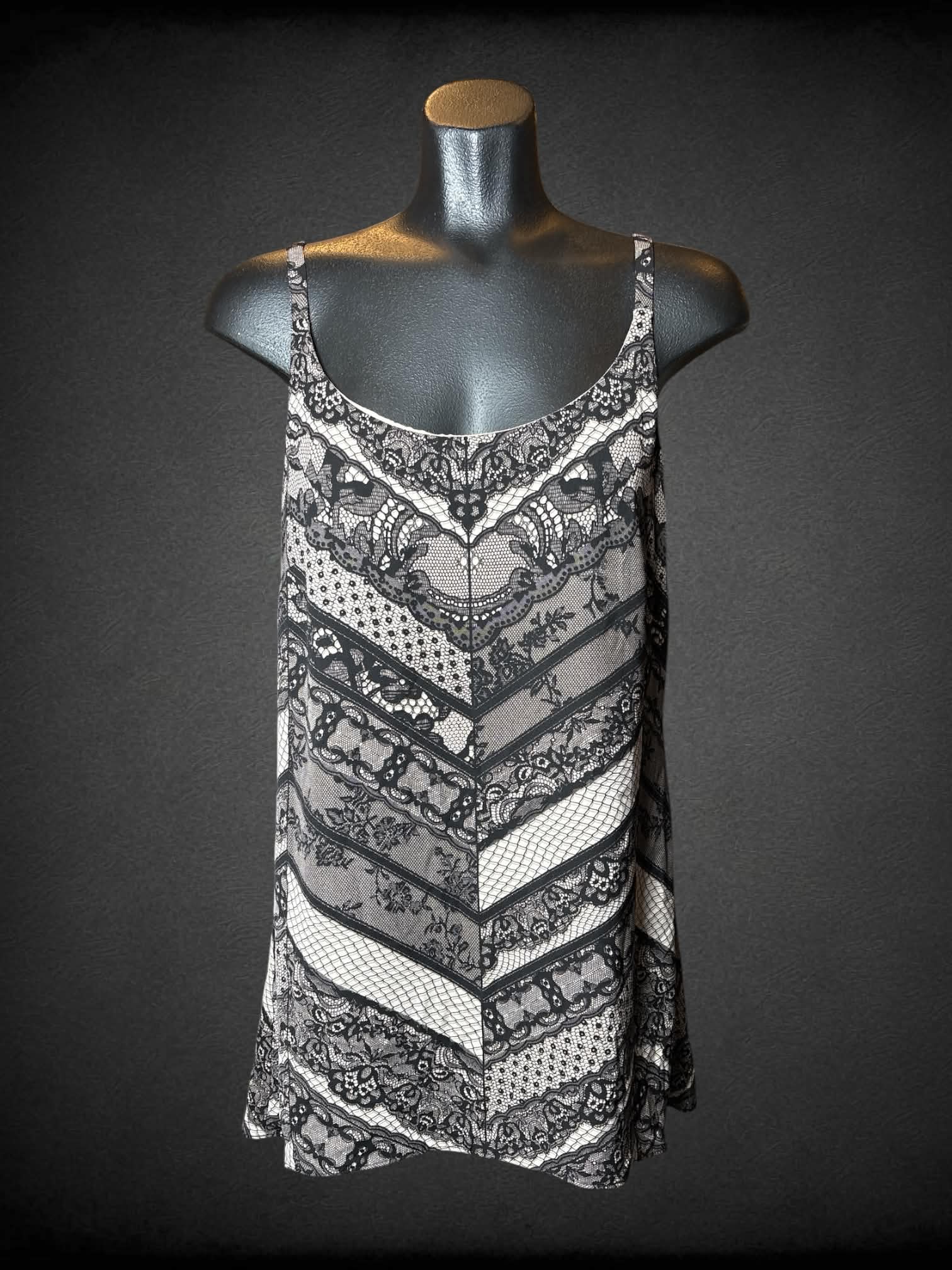M Cabi tan dress with black “lace” pattern, and adjustable straps