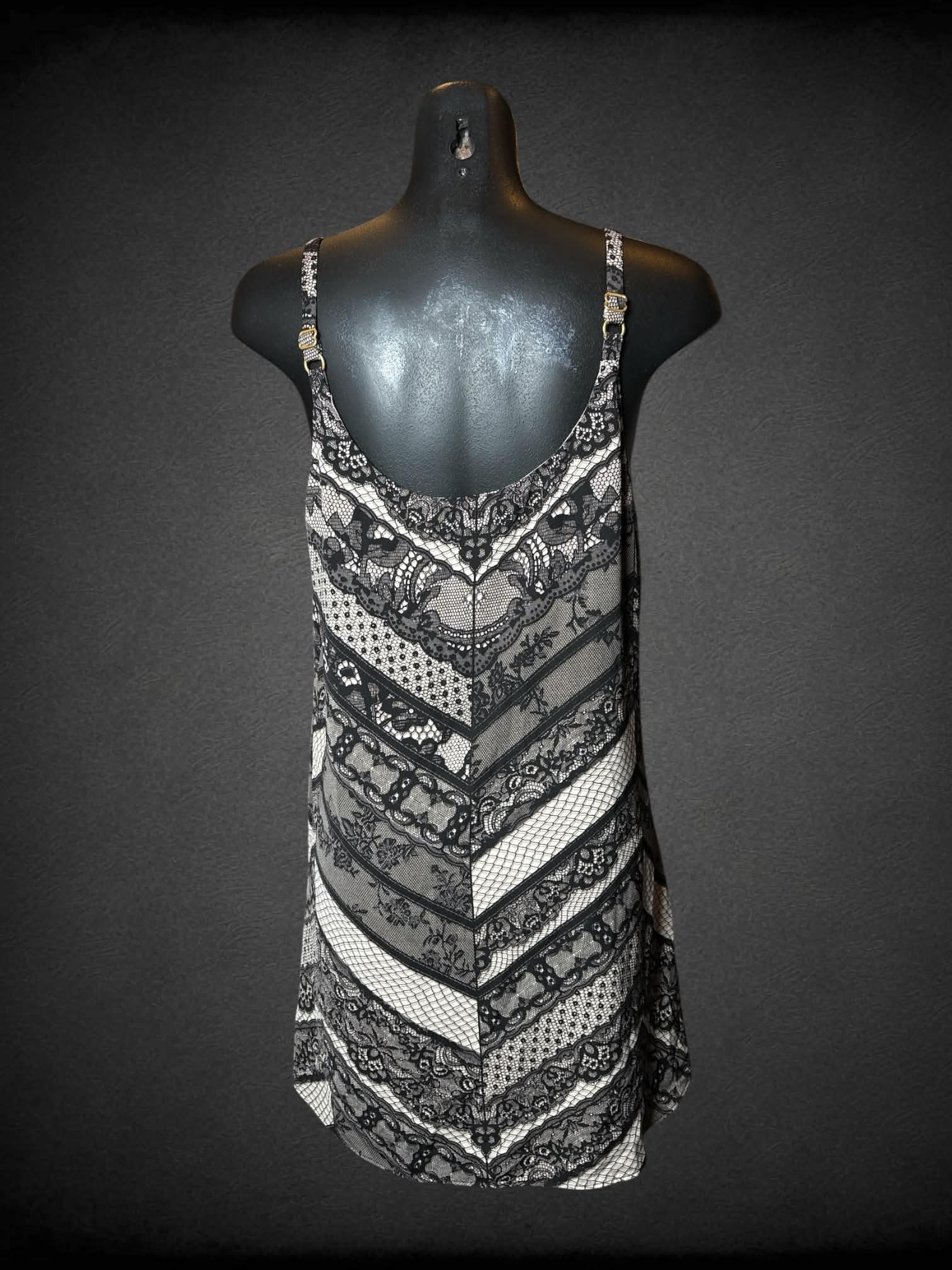 M Cabi tan dress with black “lace” pattern, and adjustable straps
