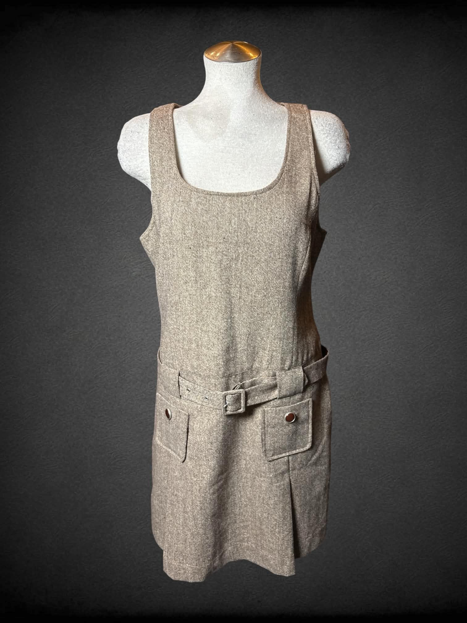 L Forever brown wool dress with sparkle detailing, pockets, belt on waist, and zipper on back