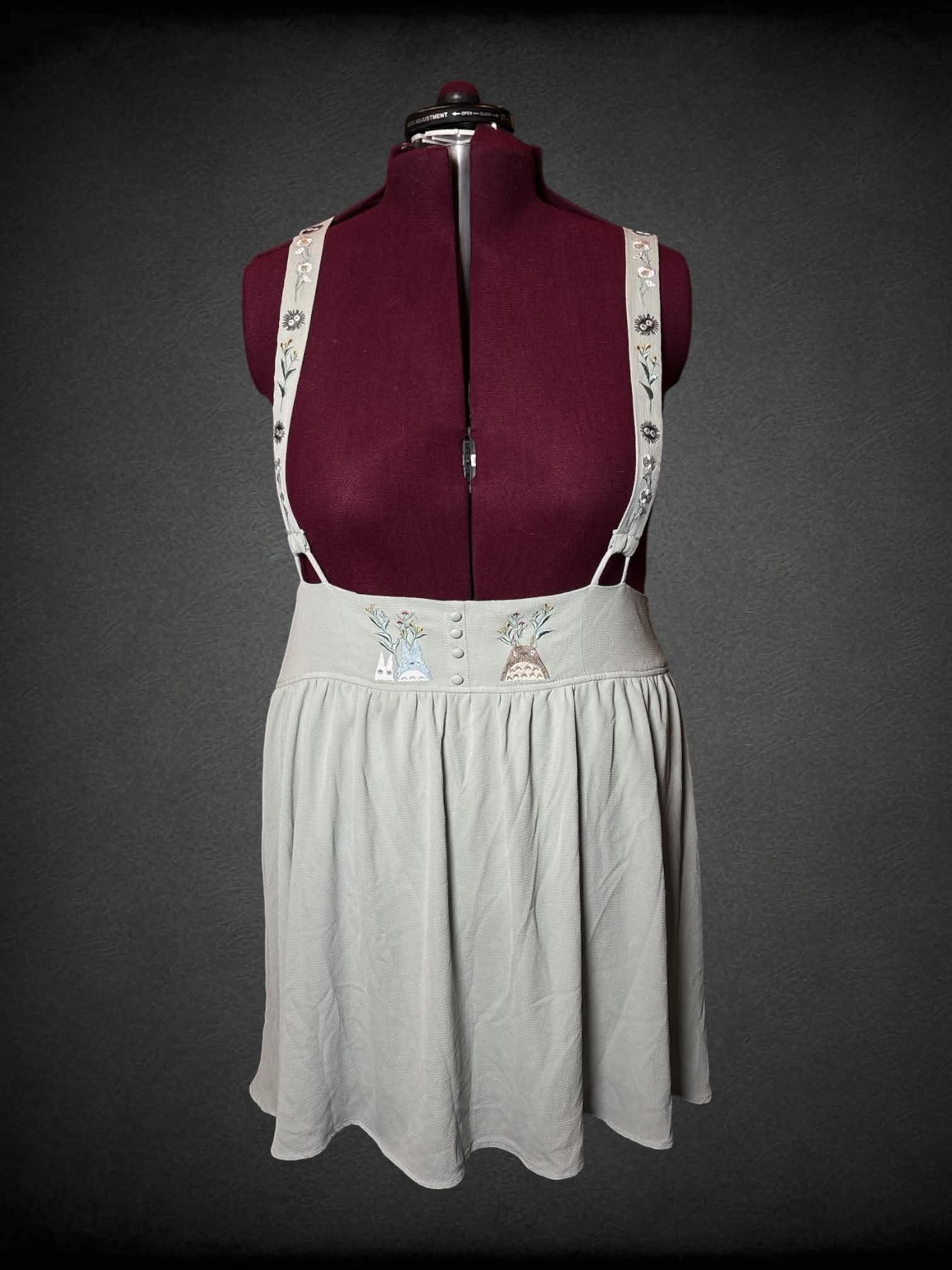 2X My Neighbor Totoro sage green overall skirt with embroidered “Totoro” characters on front waist and straps