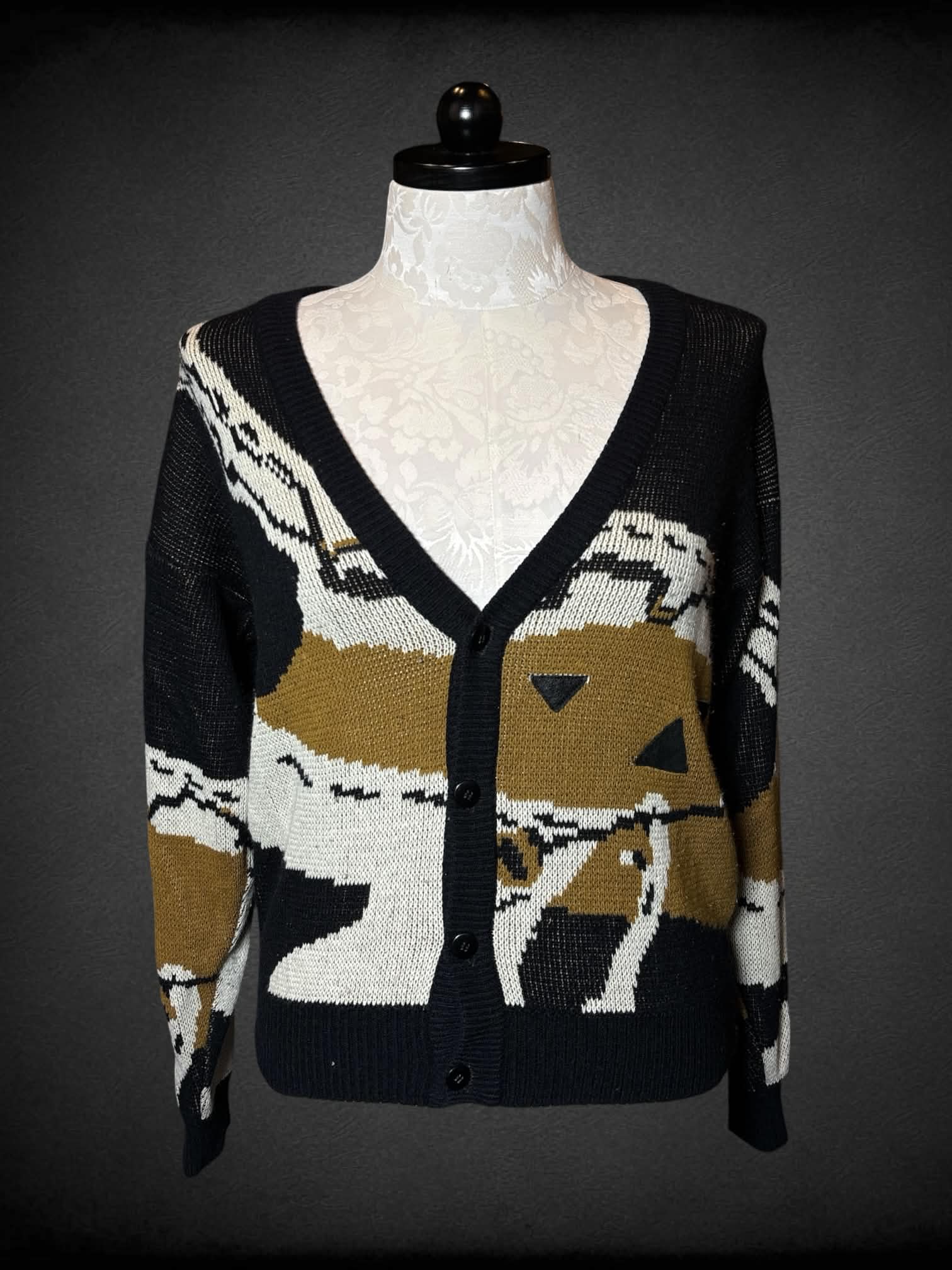 1X Henri Valdise vintage black button-up cardigan with brown & white abstract pattern
